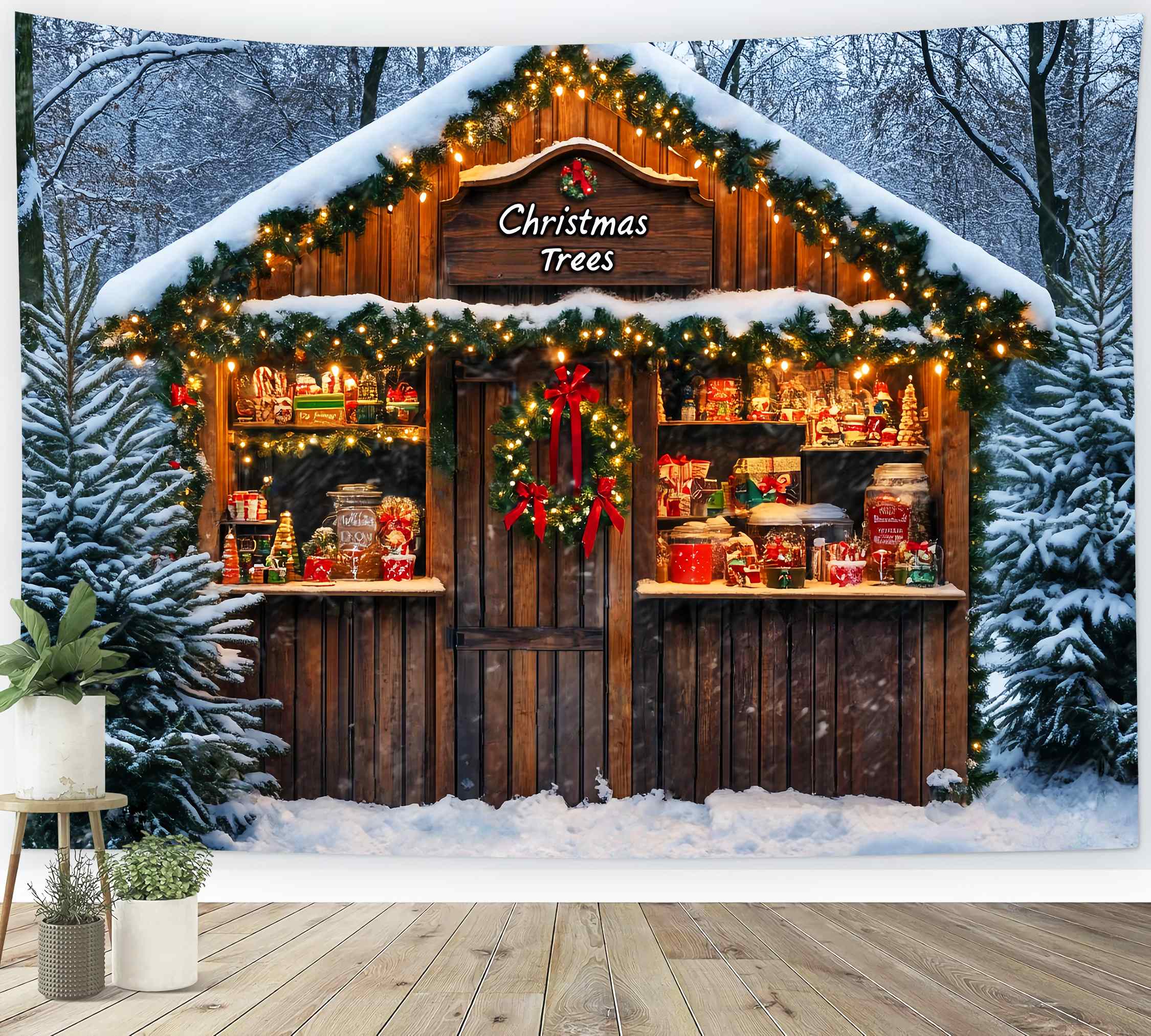 Weihnachtsbaum Bauernhof Foto Hintergrund verschneiten Wald Candy Cabin Stand Weihnachten Backdrops 10x10 LXX58-65