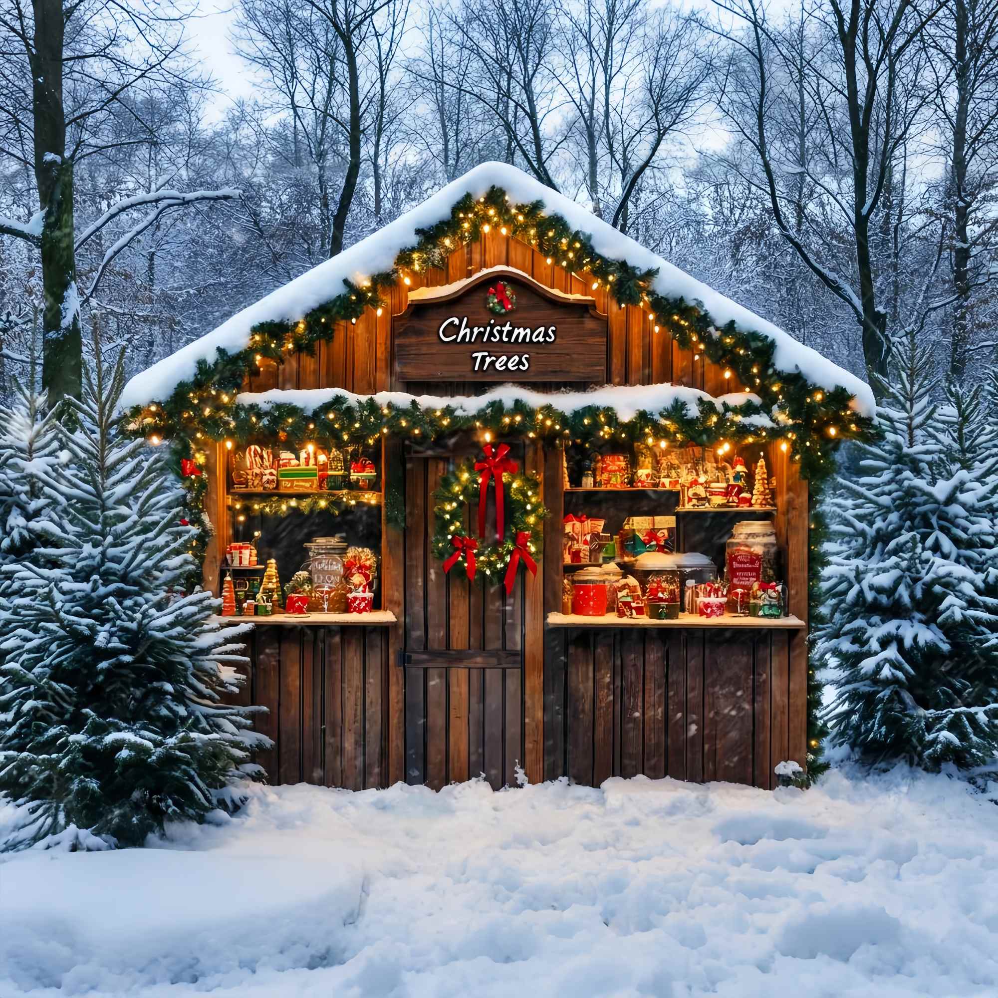 Weihnachtsbaum Bauernhof Foto Hintergrund verschneiten Wald Candy Cabin Stand Weihnachten Backdrops 10x10 LXX58-65