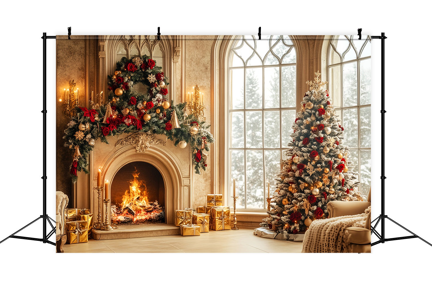 Weihnachten Kamin Backdrop Gold Rot Luxus Kamin Zimmer Professionelle Weihnachten Foto Hintergrund LXX58-66