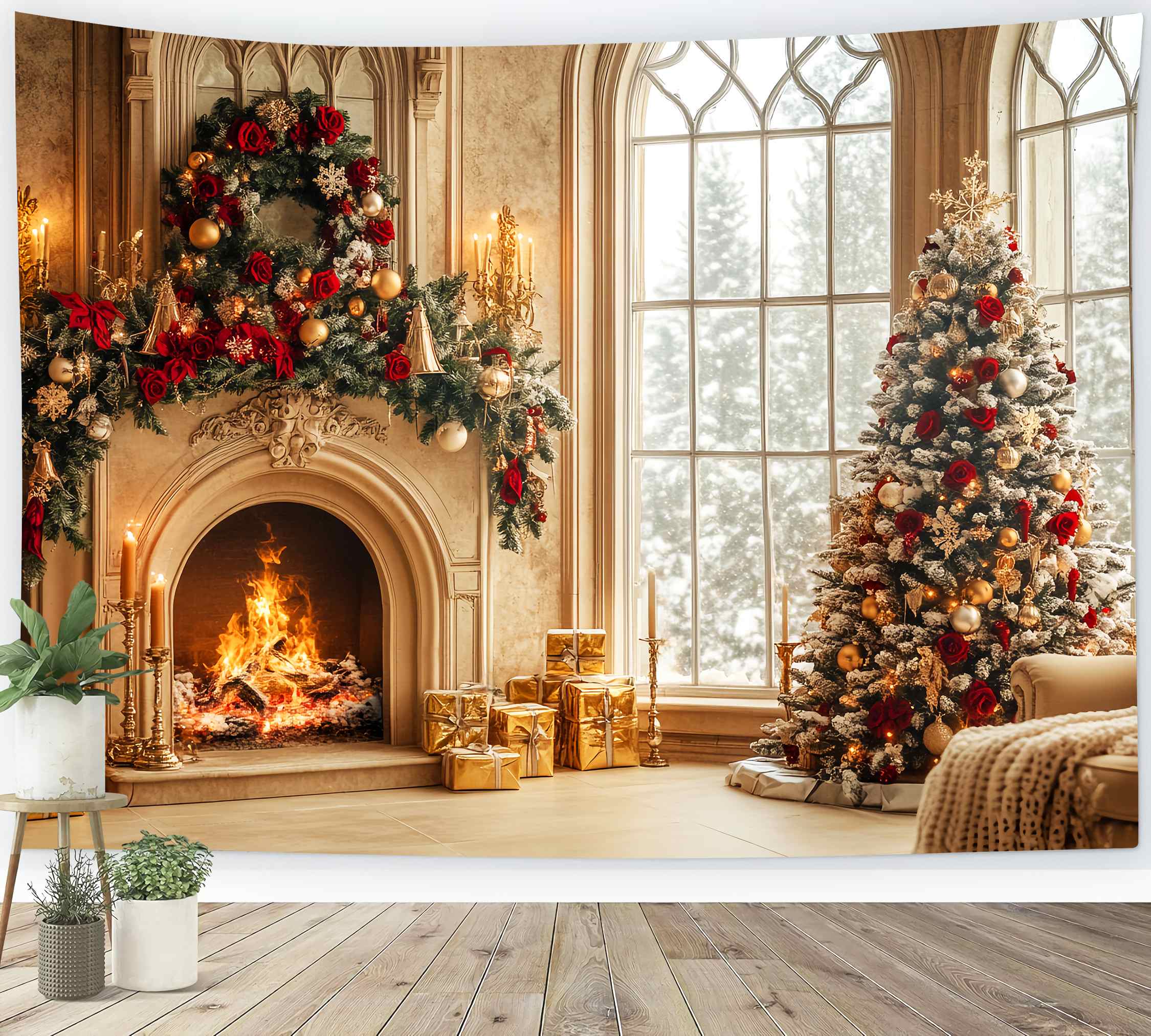 Weihnachten Kamin Backdrop Gold Rot Luxus Kamin Zimmer Professionelle Weihnachten Foto Hintergrund LXX58-66