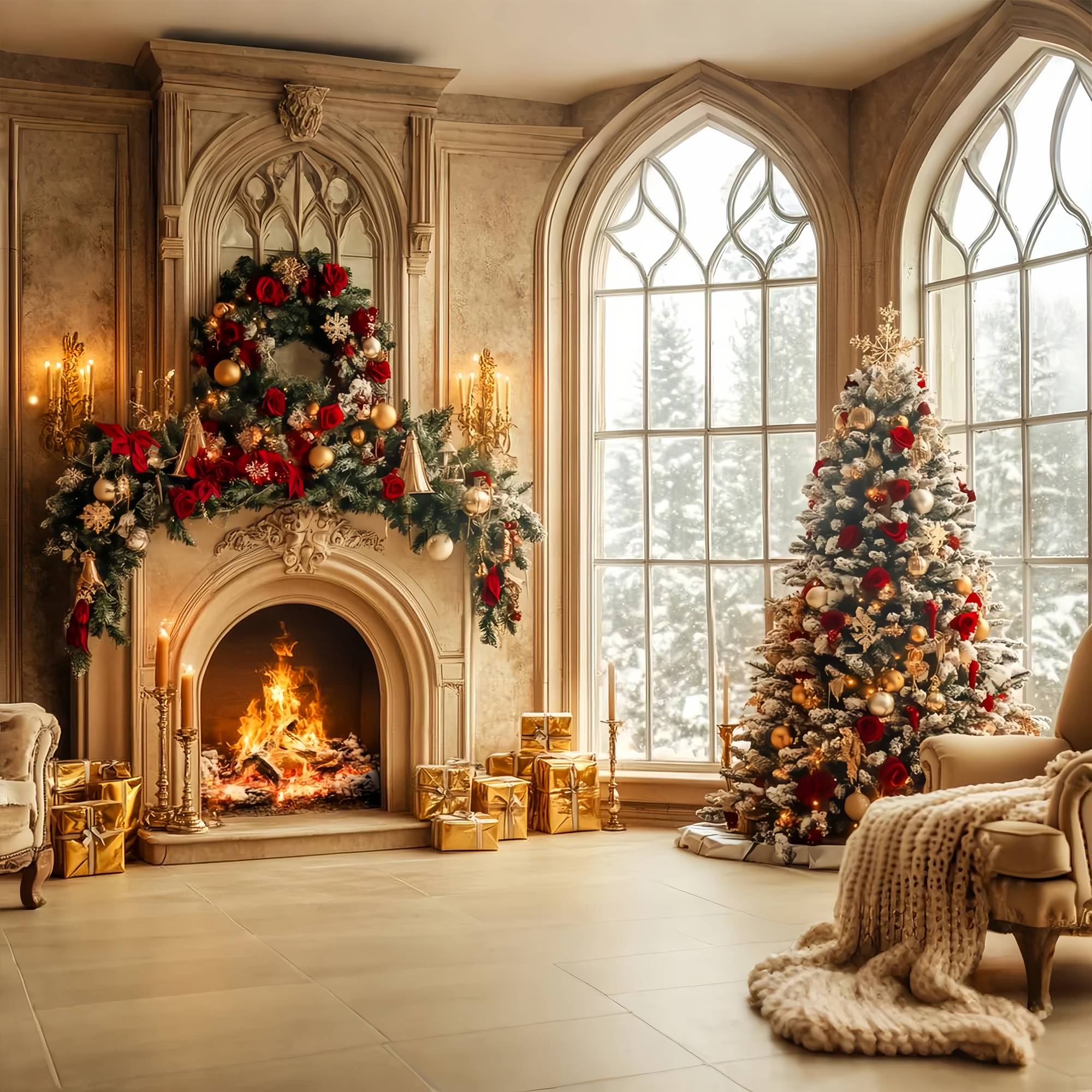 Weihnachten Kamin Backdrop Gold Rot Luxus Kamin Zimmer Professionelle Weihnachten Foto Hintergrund LXX58-66