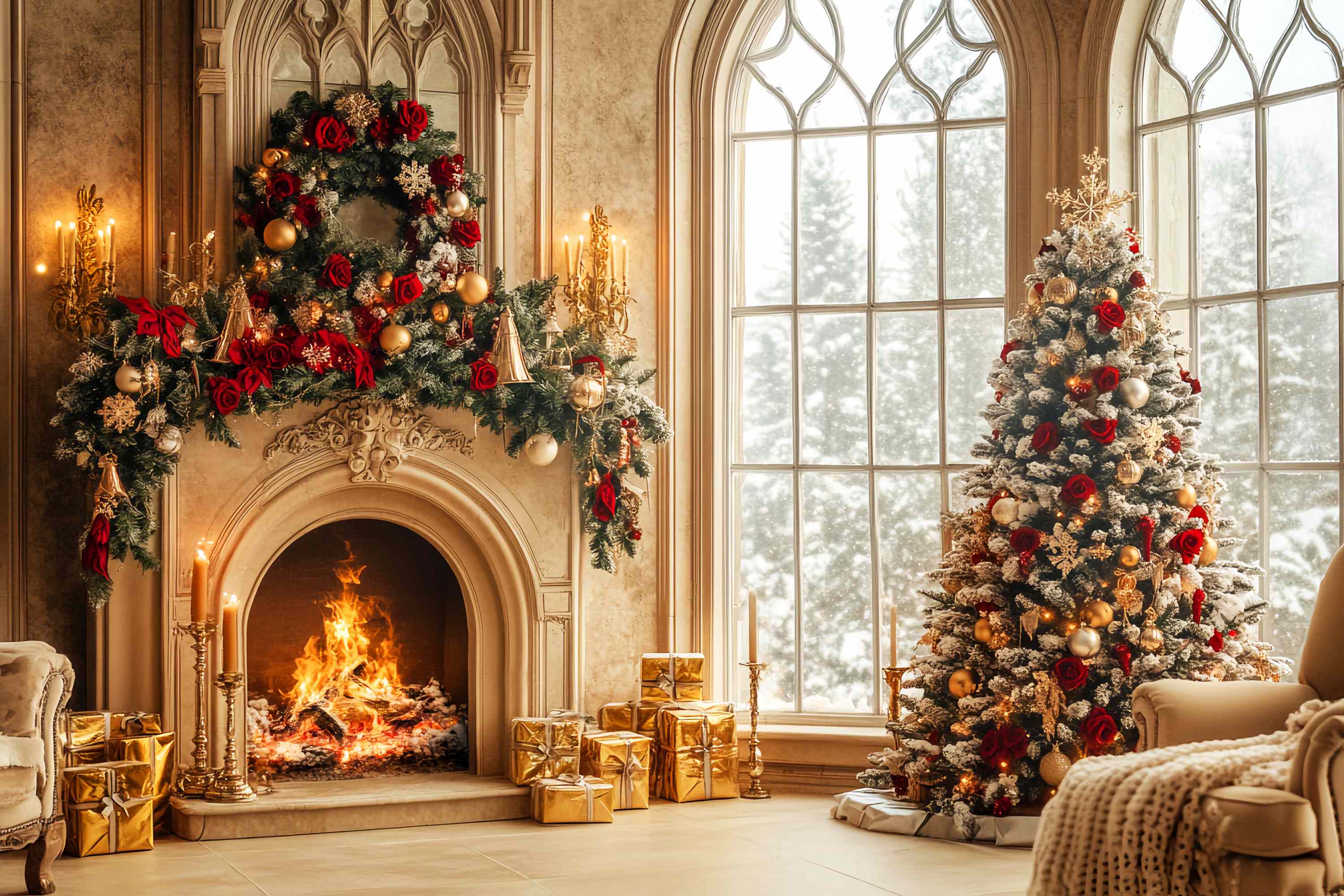 Weihnachten Kamin Backdrop Gold Rot Luxus Kamin Zimmer Professionelle Weihnachten Foto Hintergrund LXX58-66
