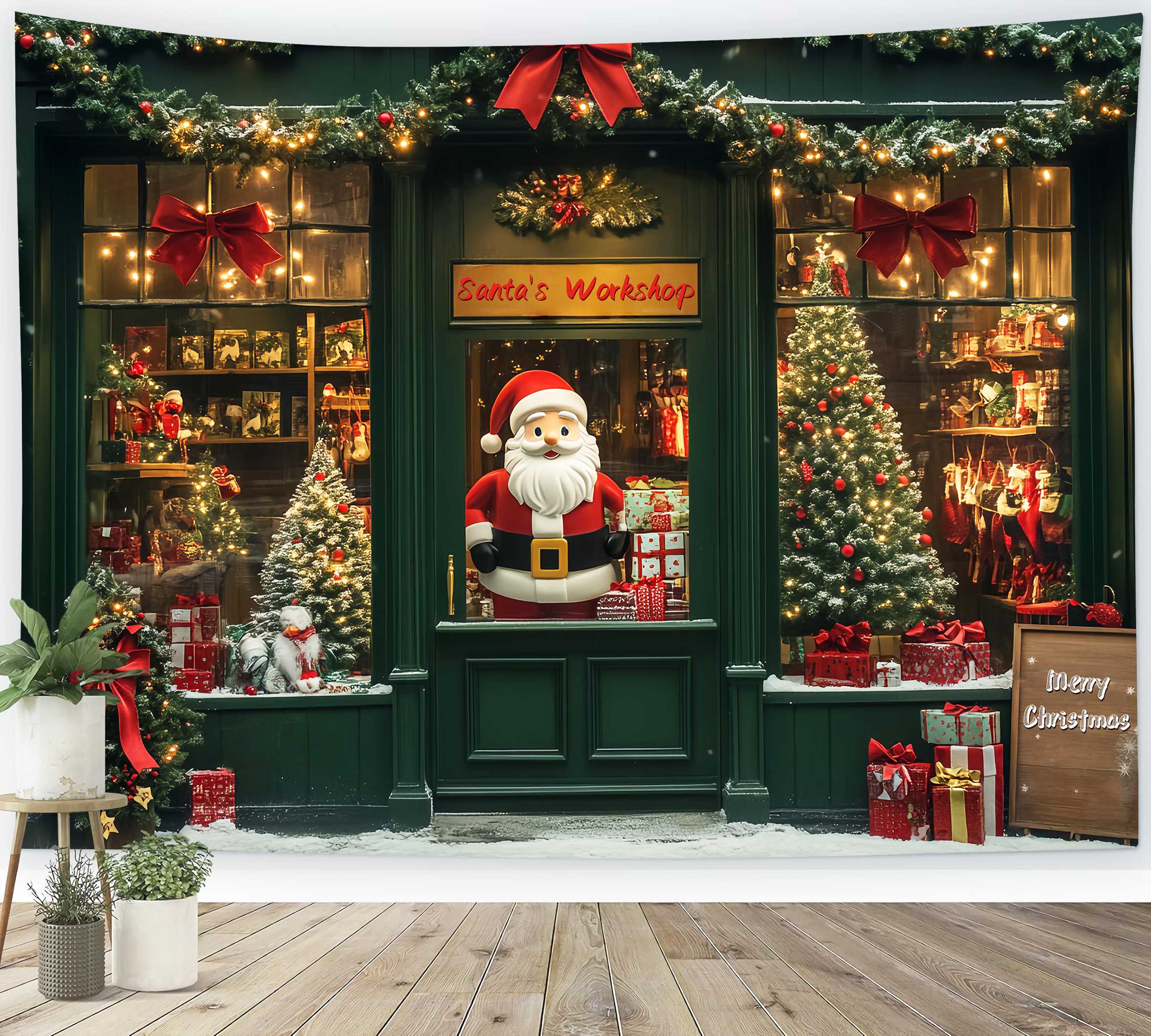 Weihnachtsmannwerkstatt Backdrop Weihnachtsmann Spielzeugladen Fenster Weihnachten Foto Hintergrund LXX58-67