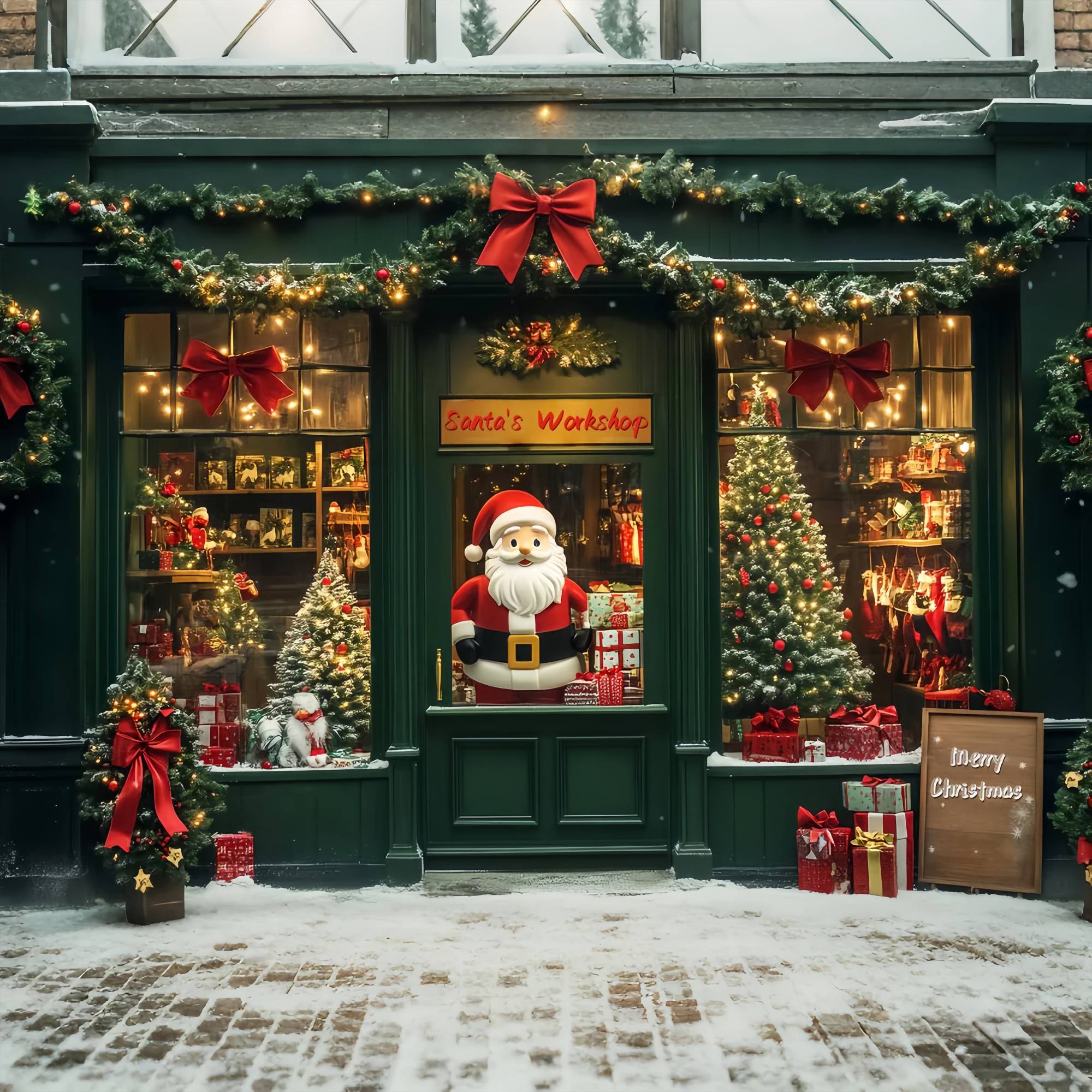 Weihnachtsmannwerkstatt Backdrop Weihnachtsmann Spielzeugladen Fenster Weihnachten Foto Hintergrund LXX58-67