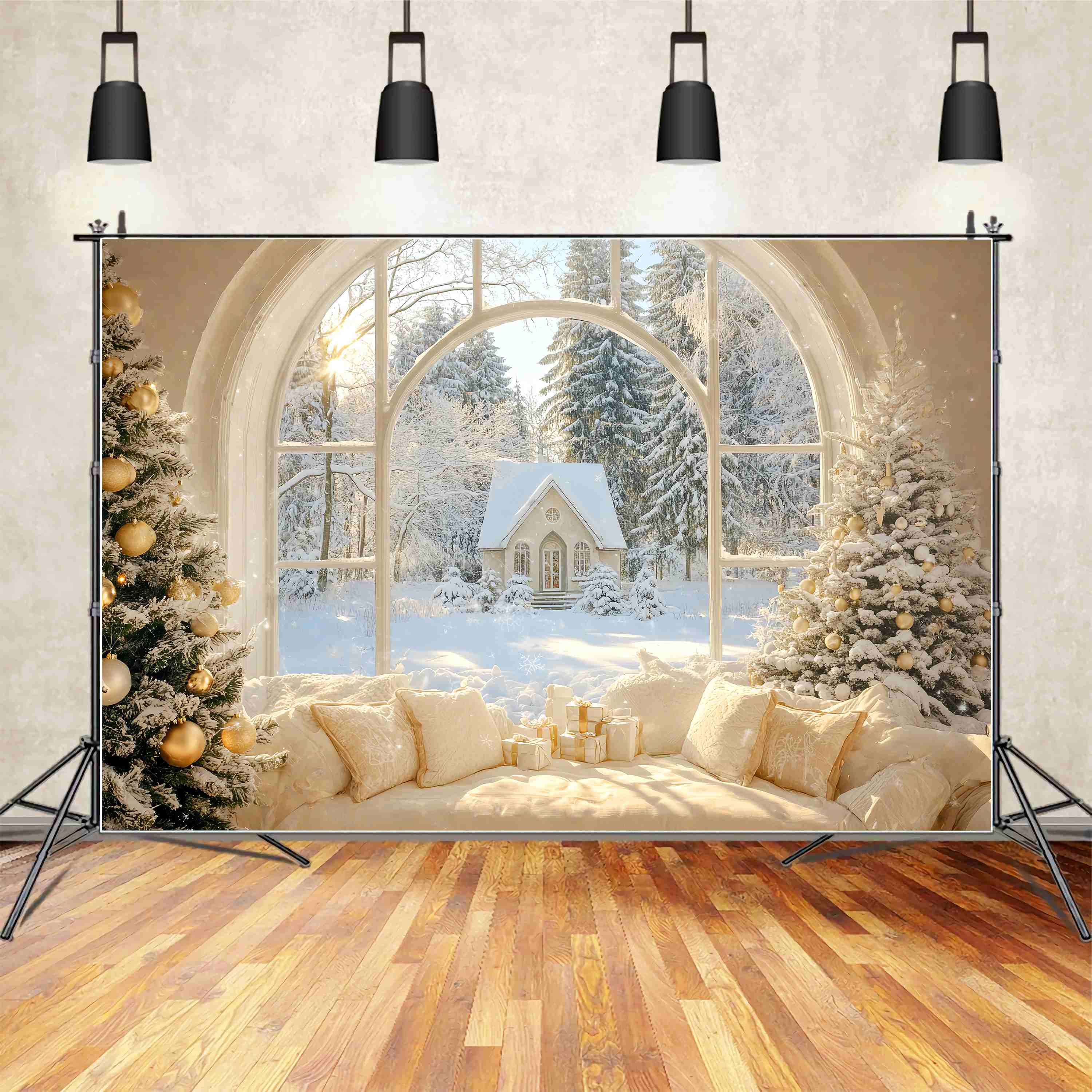 Weihnachten Hintergrund Fotografie Golden Winter Cottage Fenster Weihnachten Fotografie Backdrops LXX58-73