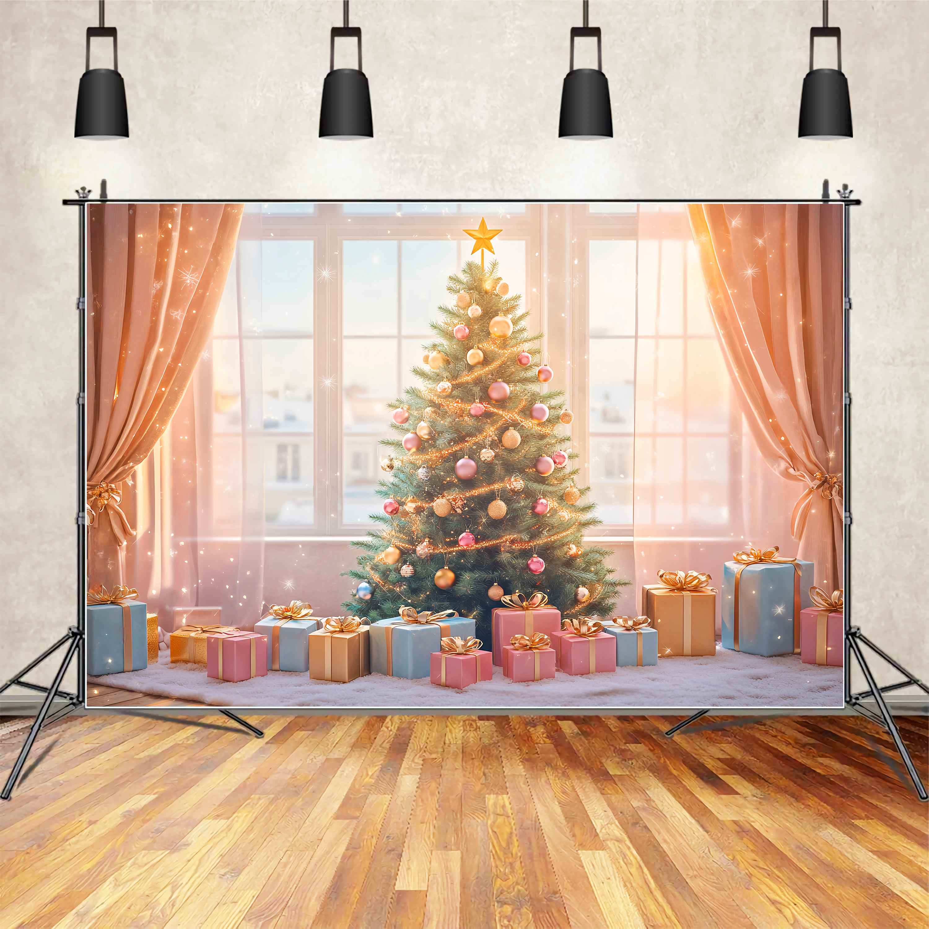Weihnachtsbaum Foto Hintergrund Golden Glow Geschenk Baum Zimmer Weihnachten Backdrops Verkauf LXX58-75