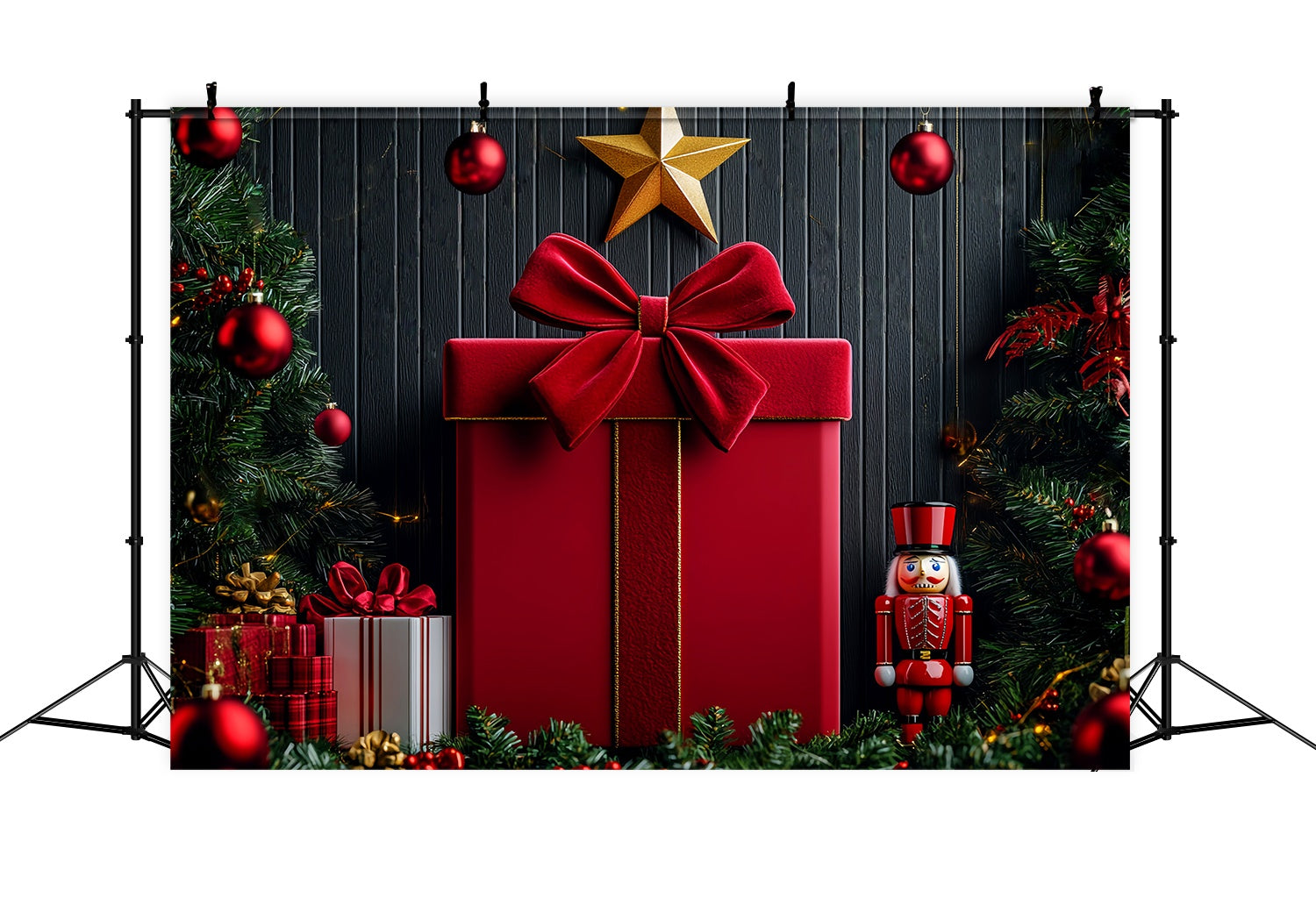 Weihnachten Wand Foto Hintergrund Red Velvet Bow Nussknacker Wand Weihnachten Backdrop für Fotos LXX58-76