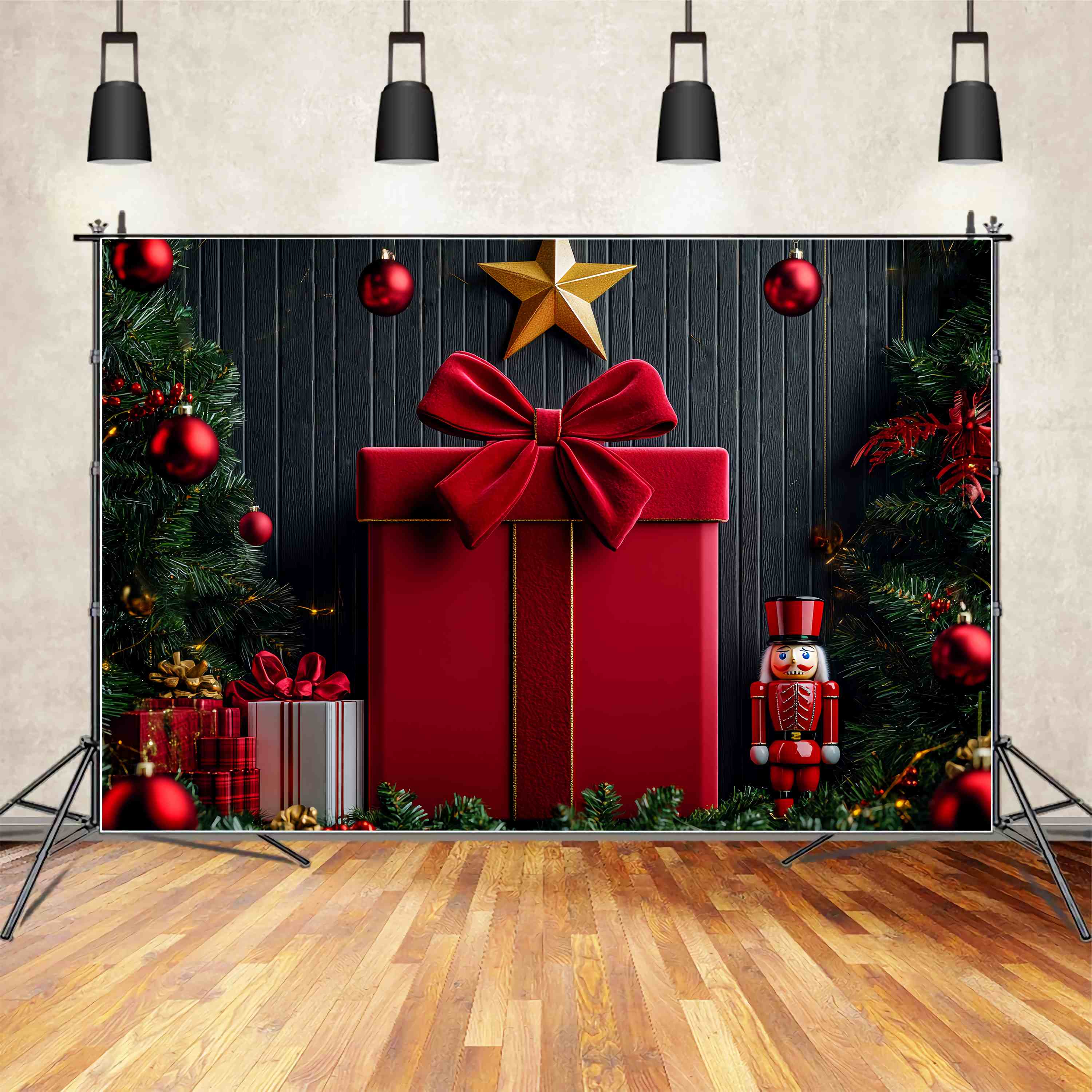 Weihnachten Wand Foto Hintergrund Red Velvet Bow Nussknacker Wand Weihnachten Backdrop für Fotos LXX58-76