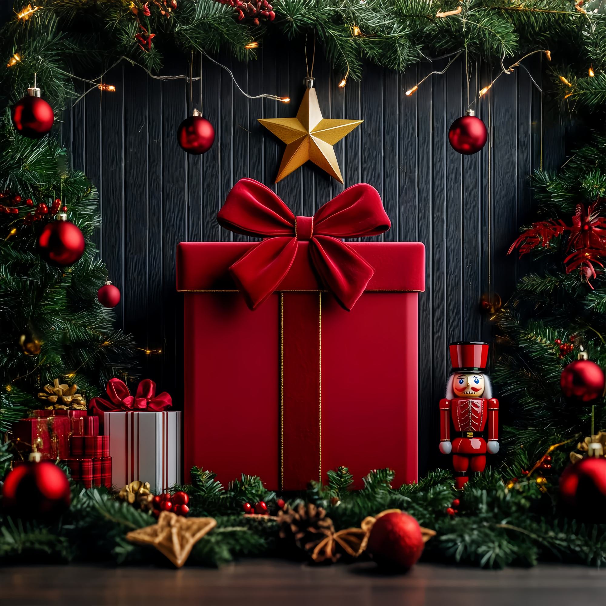 Weihnachten Wand Foto Hintergrund Red Velvet Bow Nussknacker Wand Weihnachten Backdrop für Fotos LXX58-76