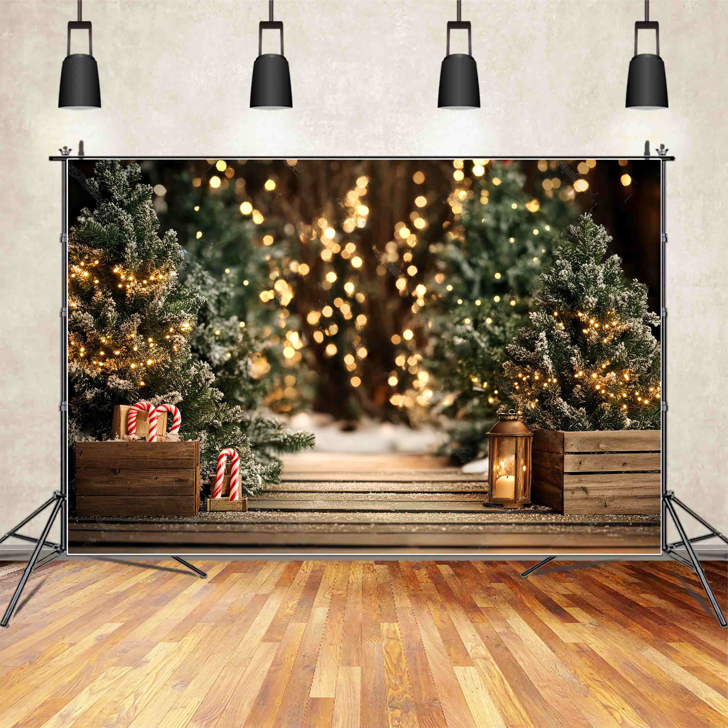 Weihnachtsbaum Foto Hintergrund Snowy Pine Pathway Lichter Weihnachten Fotografie Backdrops LXX58-77