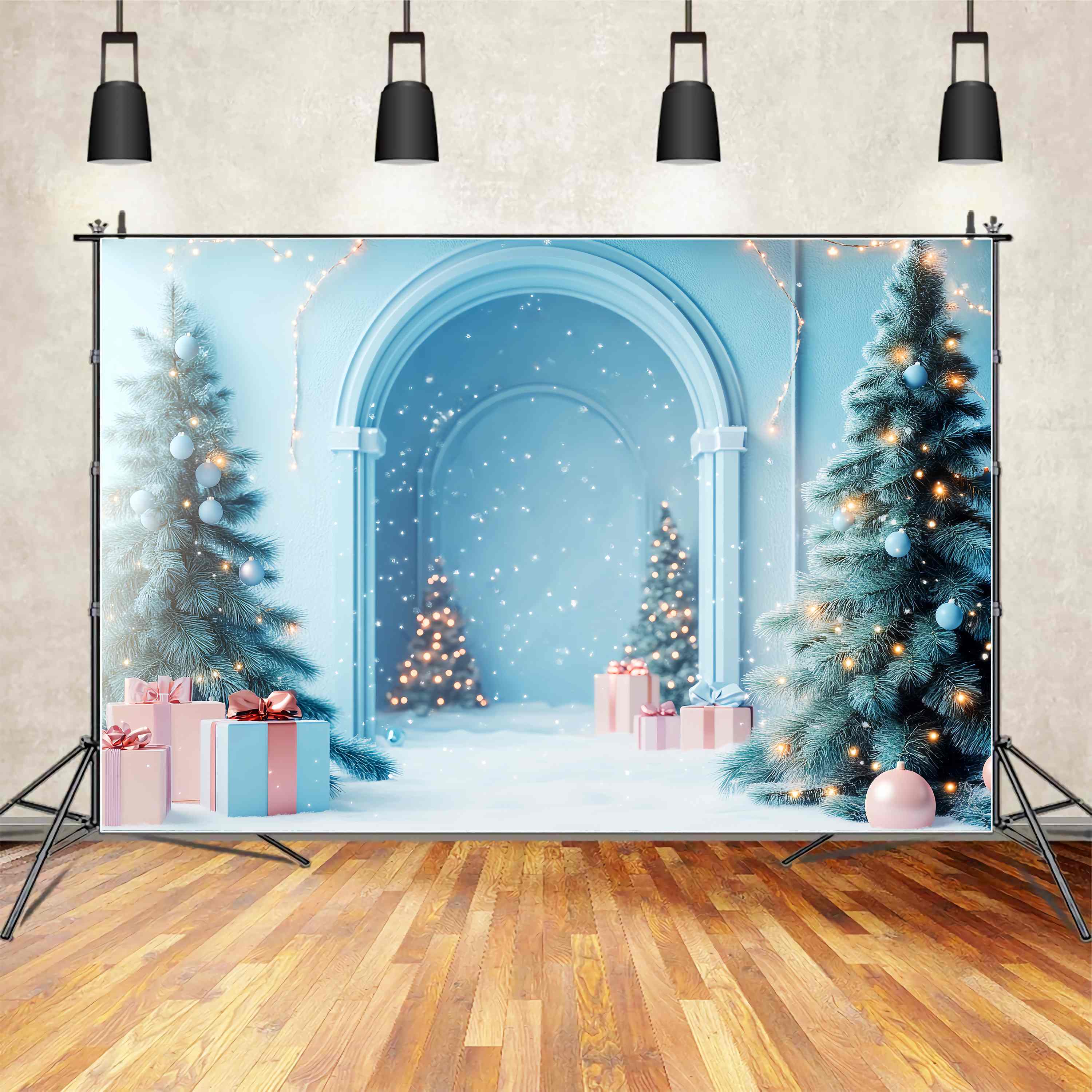 Weihnachten Wandhintergrund Frosty Blue Arch Snow Wonderland Weihnachtshintergründe für Fotografie LXX58-81