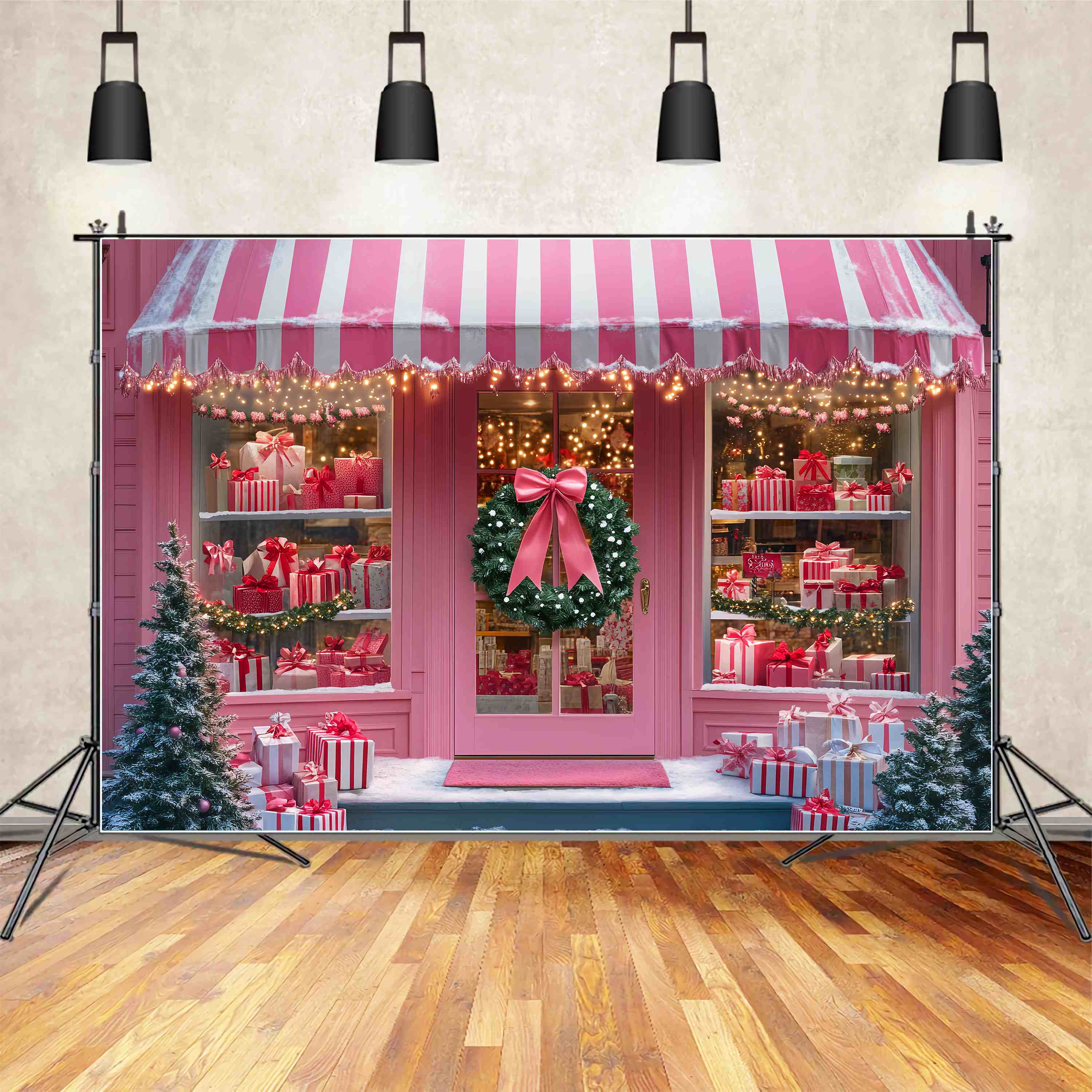 Weihnachtsmann Werkstatt Hintergrund Rosa Candy Stripe Gift Shop Weihnachten Fotohintergründe LXX58-82