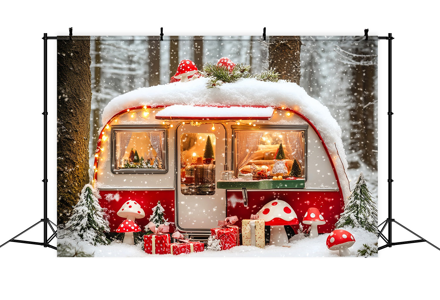 Weihnachten Fotografie Hintergründe Snowy Mushroom Camper Wald Weihnachten Foto Hintergrund LXX58-84