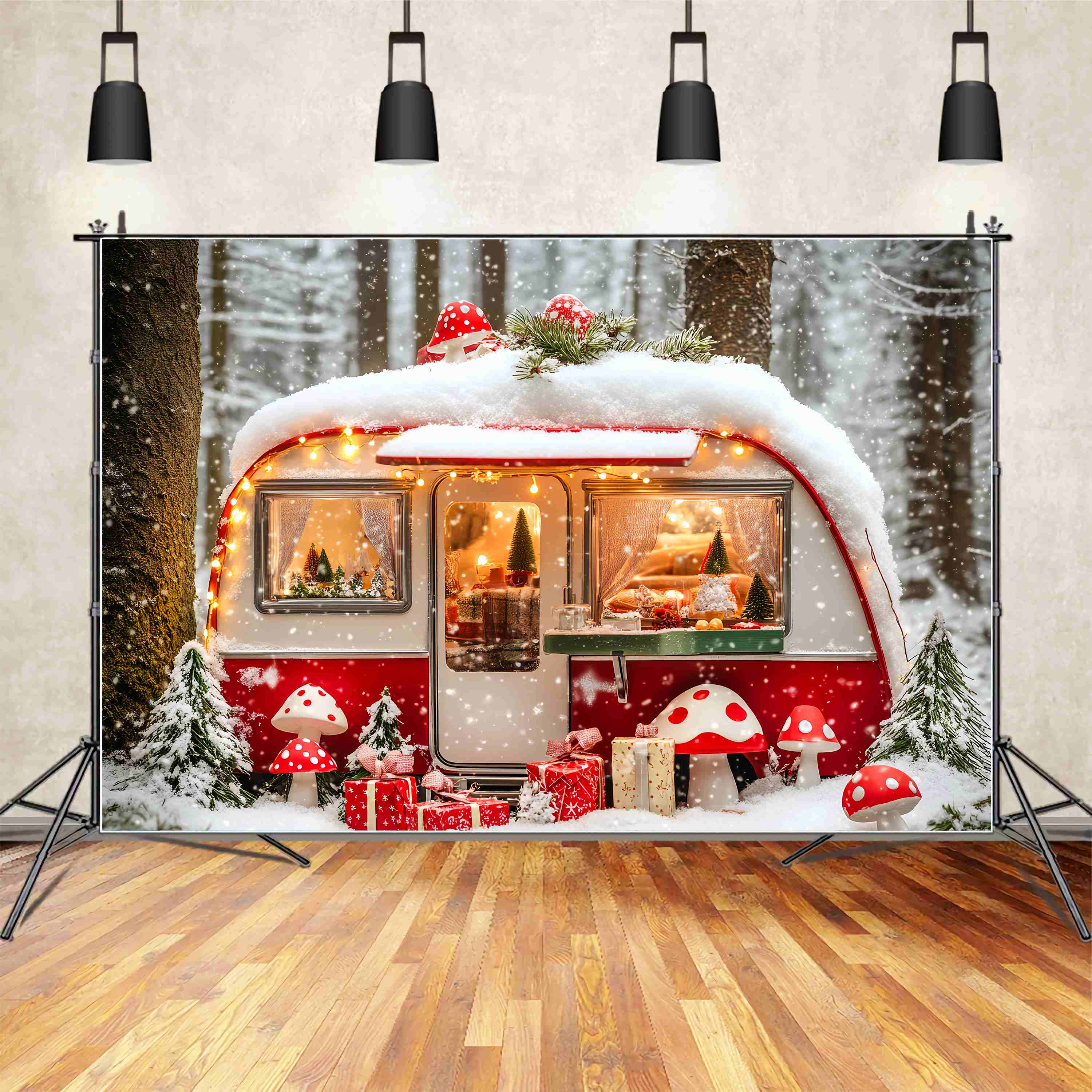 Weihnachten Fotografie Hintergründe Snowy Mushroom Camper Wald Weihnachten Foto Hintergrund LXX58-84