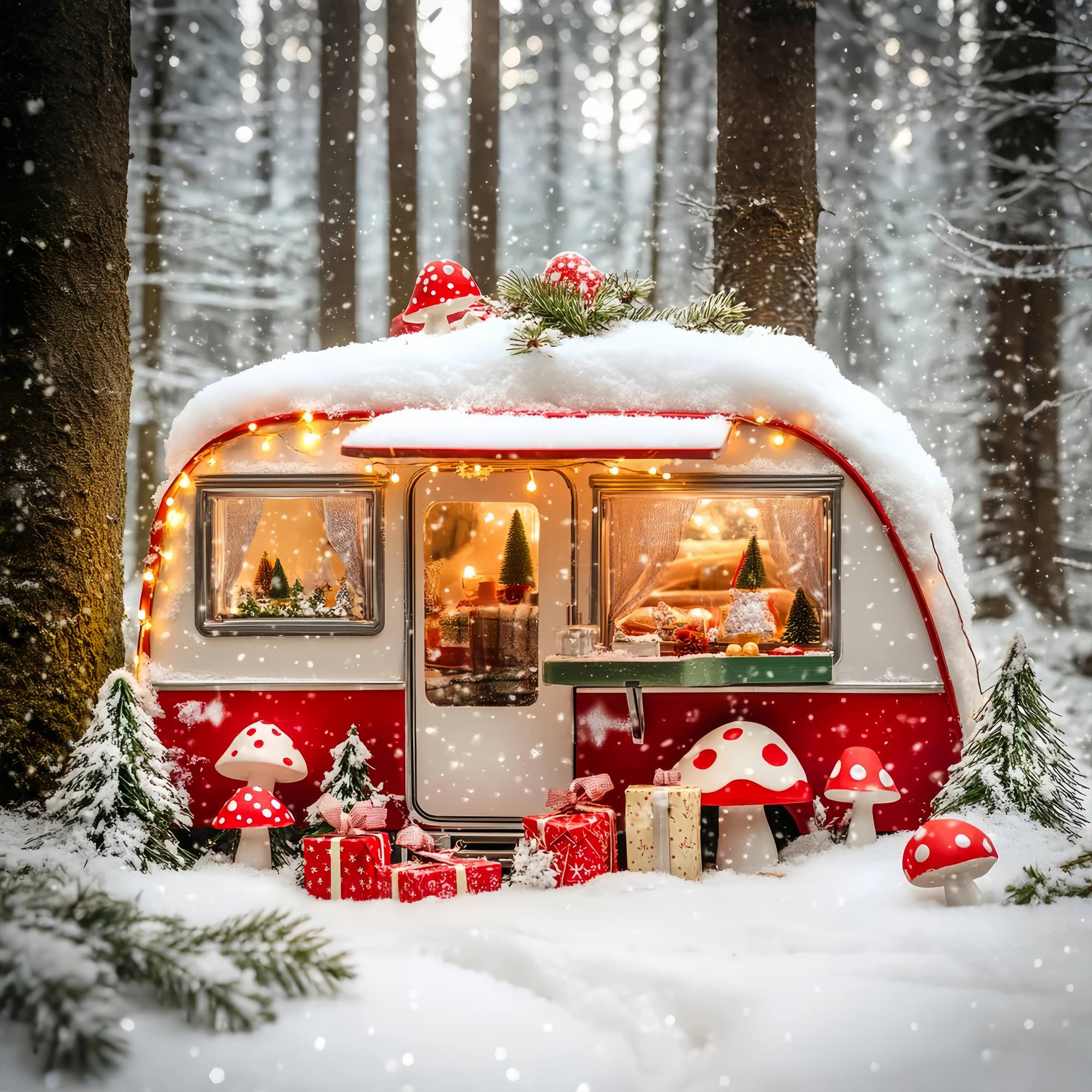Weihnachten Fotografie Hintergründe Snowy Mushroom Camper Wald Weihnachten Foto Hintergrund LXX58-84