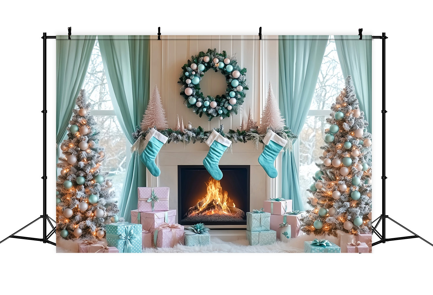 Weihnachten Kamin Backdrop Aqua Stocking Kamin Morgen Weihnachten Foto Hintergrund Ideen LXX58-87