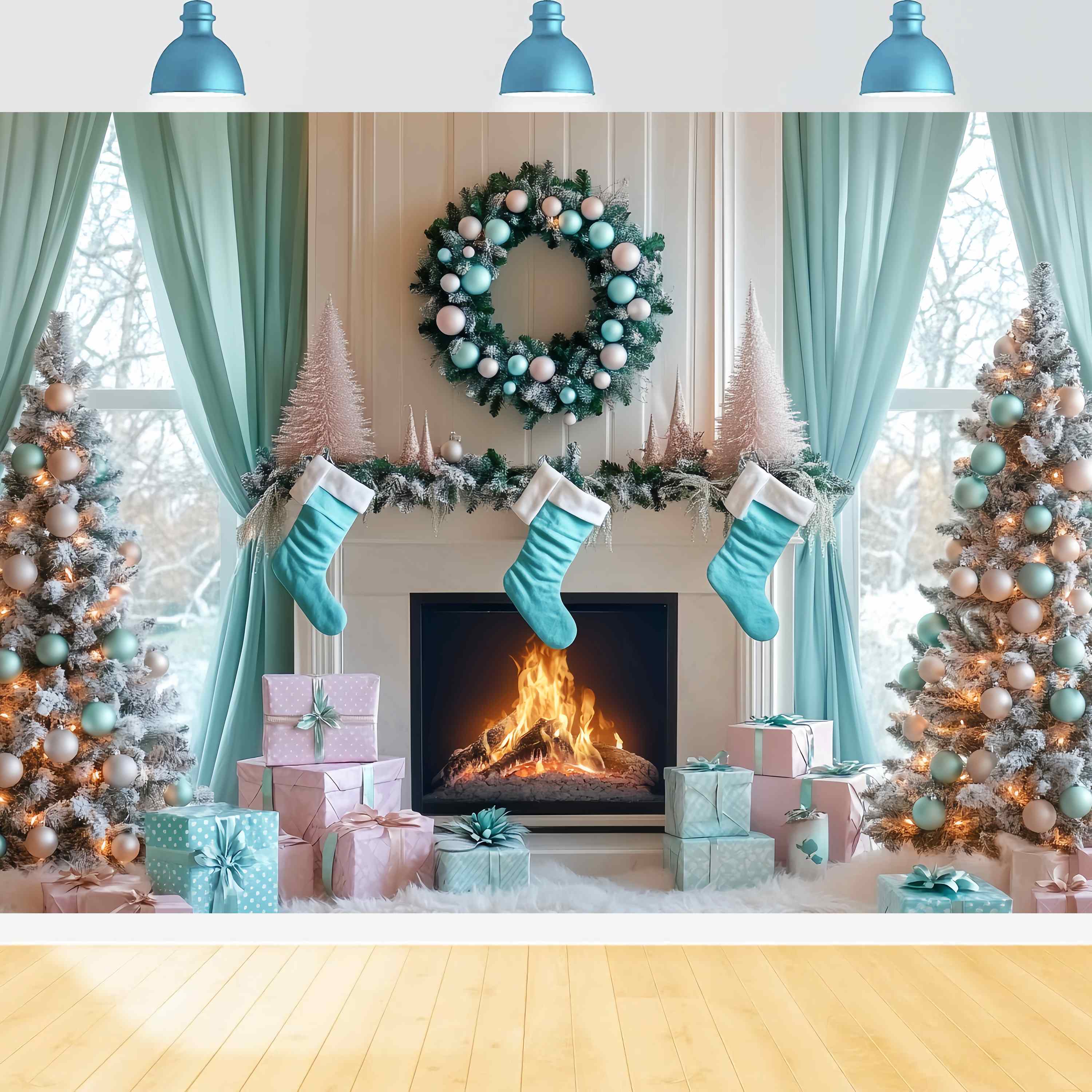 Weihnachten Kamin Backdrop Aqua Stocking Kamin Morgen Weihnachten Foto Hintergrund Ideen LXX58-87