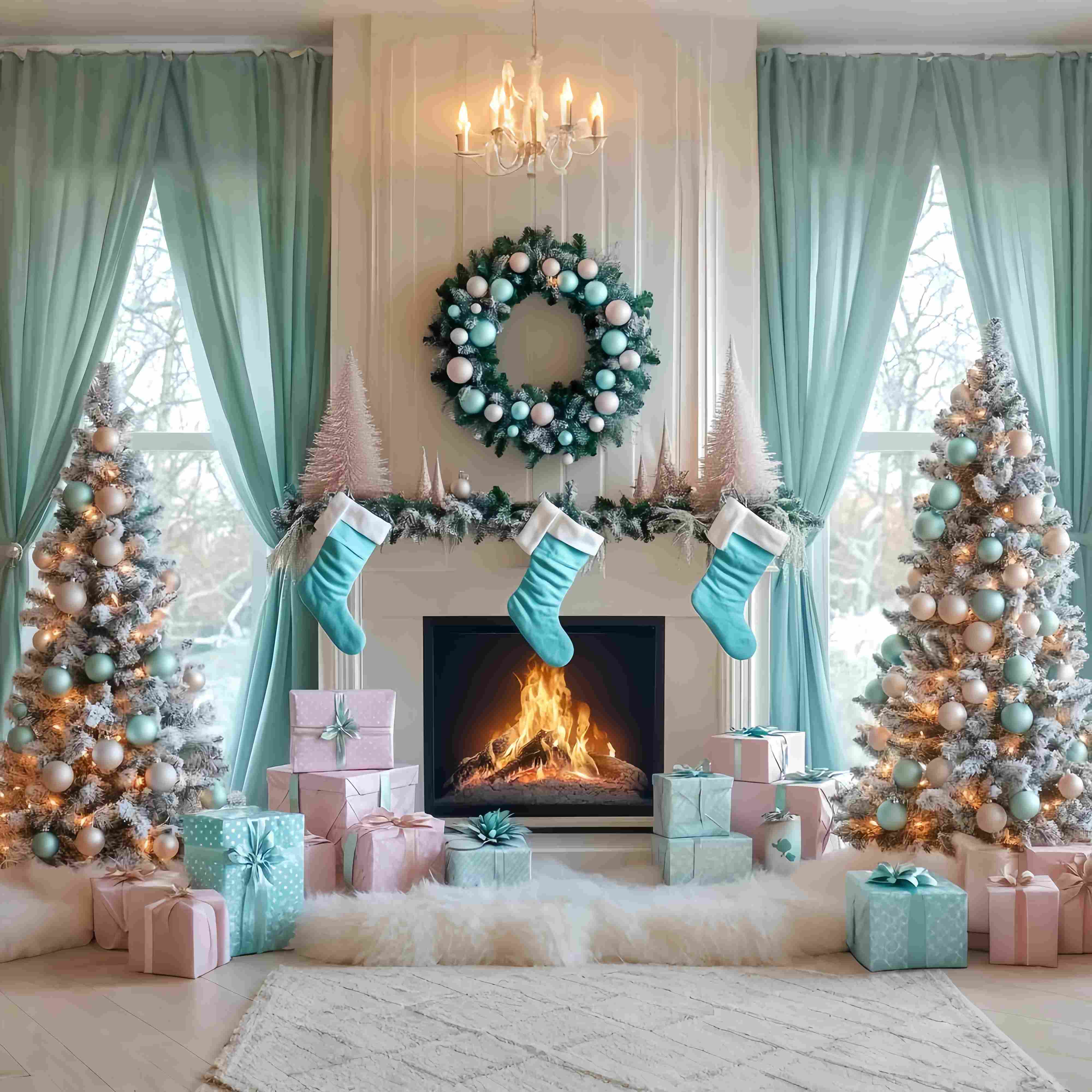 Weihnachten Kamin Backdrop Aqua Stocking Kamin Morgen Weihnachten Foto Hintergrund Ideen LXX58-87