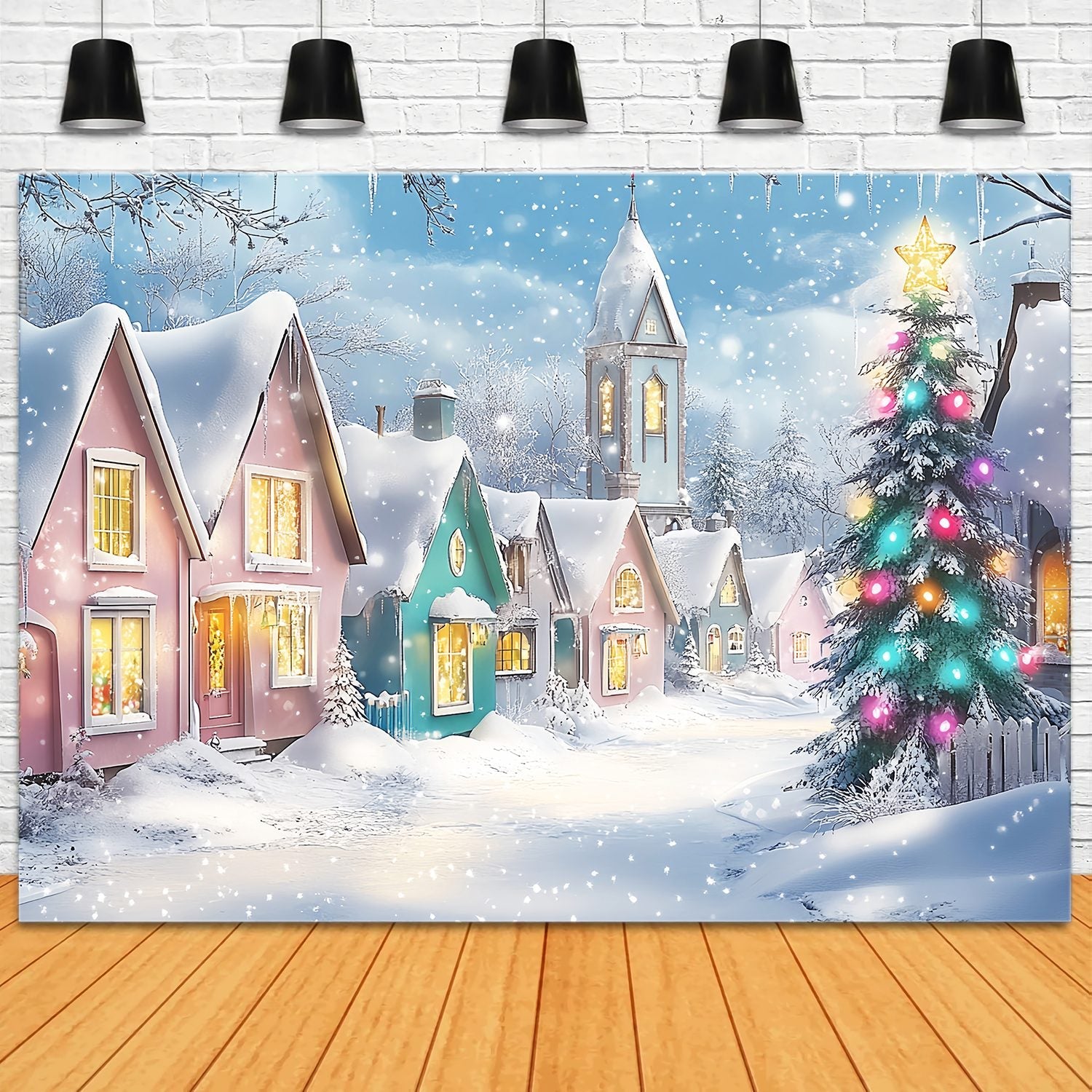 Weihnachtsdorf Foto Hintergrund Pastell Winterdorf Schneefall Weihnachten Backdrop Fotografie LXX58-95