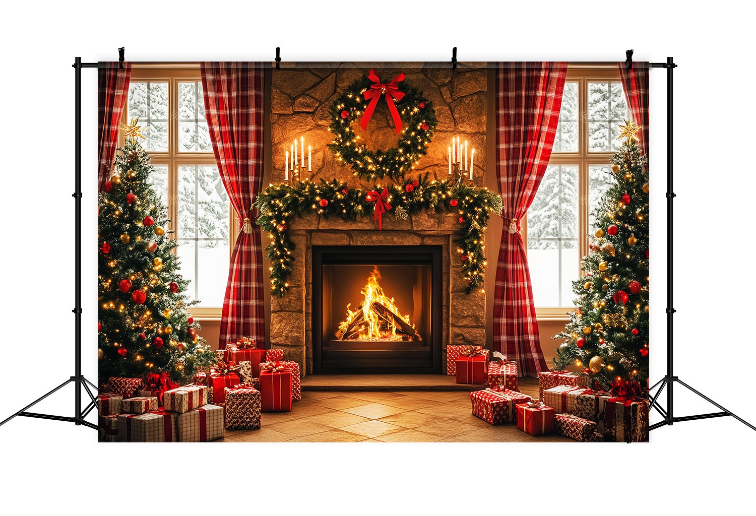 Weihnachten Kamin Backdrop Kariert Gemütlich Kamin Morgen Weihnachten Fotohintergrund LXX58-96