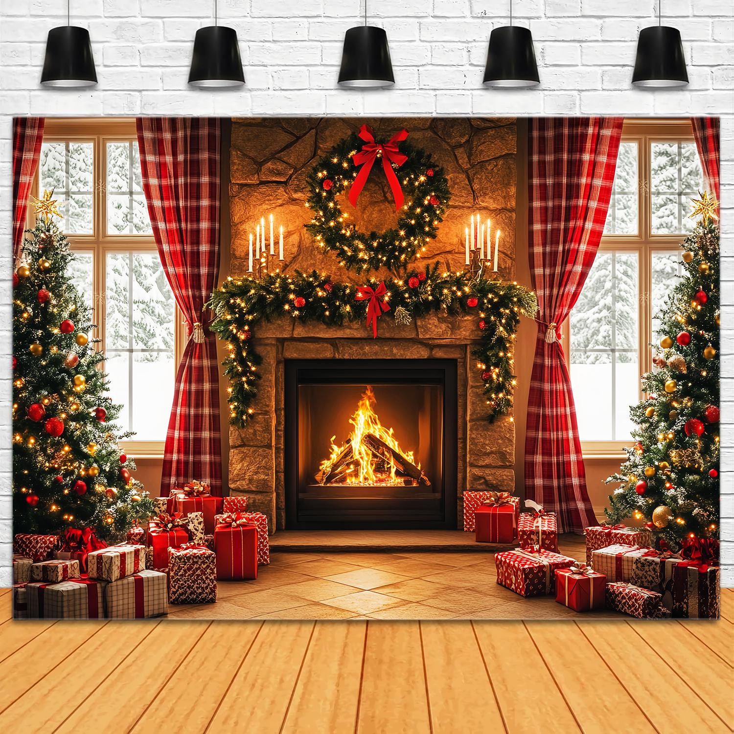 Weihnachten Kamin Backdrop Kariert Gemütlich Kamin Morgen Weihnachten Fotohintergrund LXX58-96