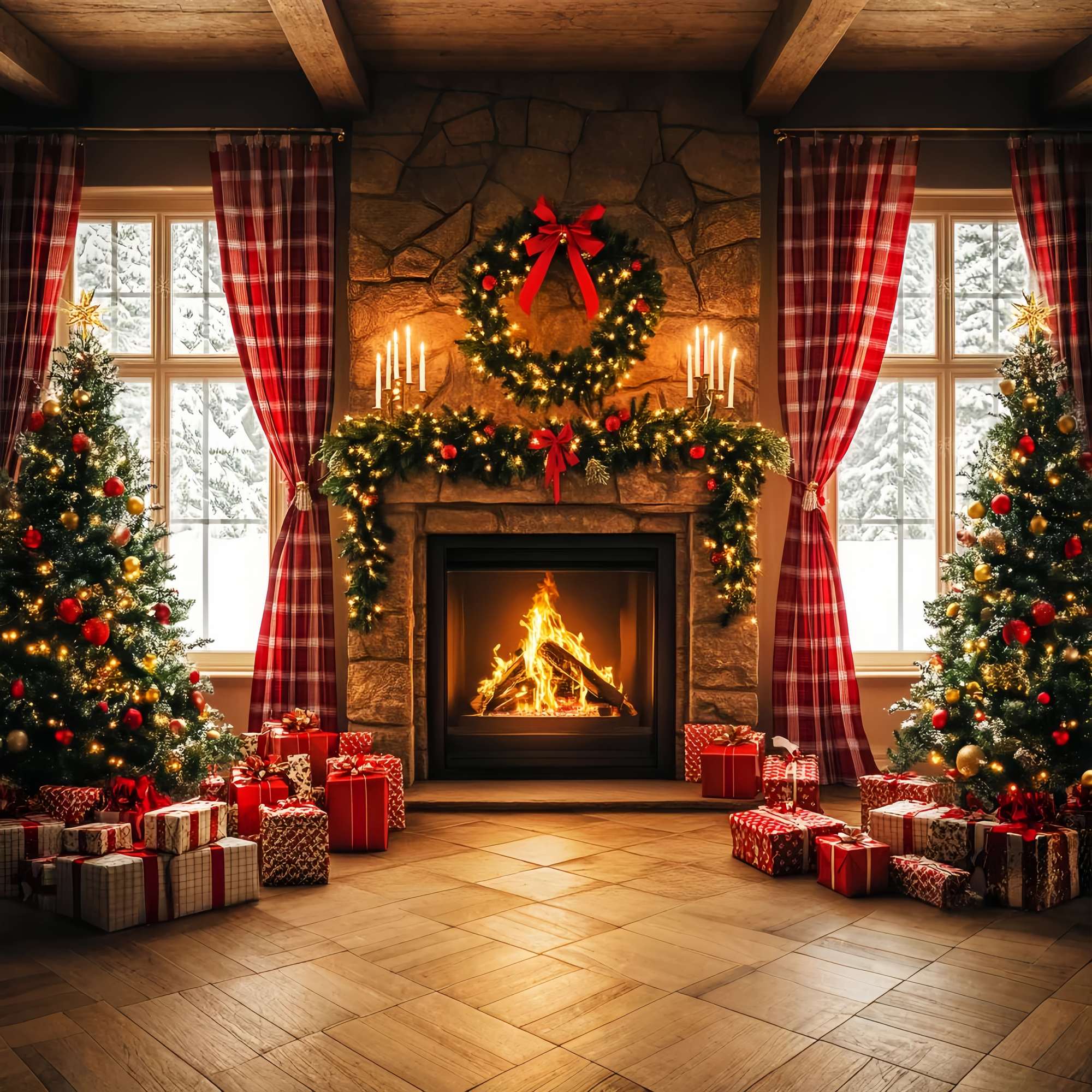 Weihnachten Kamin Backdrop Kariert Gemütlich Kamin Morgen Weihnachten Fotohintergrund LXX58-96