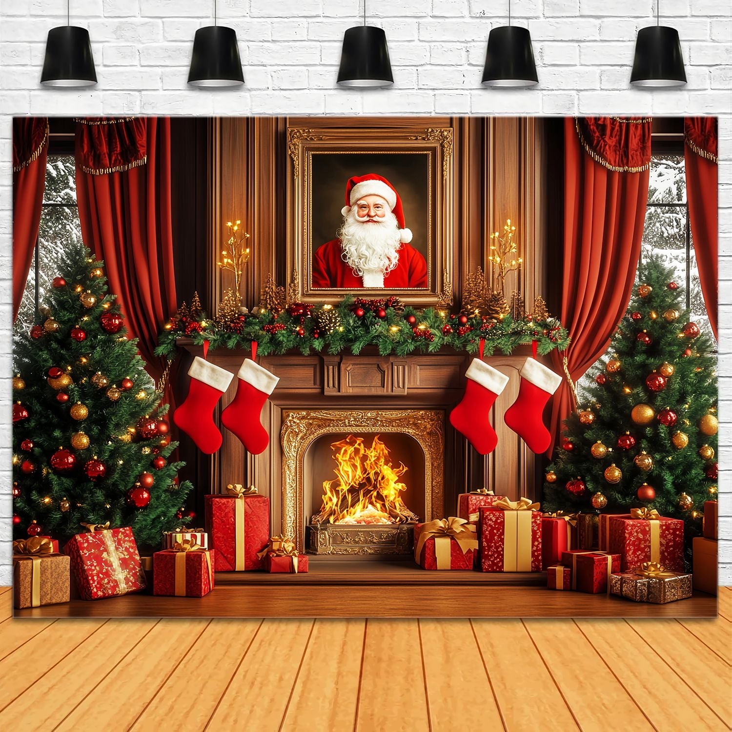 Weihnachtsmann Foto Hintergrund Santa Portrait Girlande Mantel Weihnachten Backdrops Verkauf LXX58-97