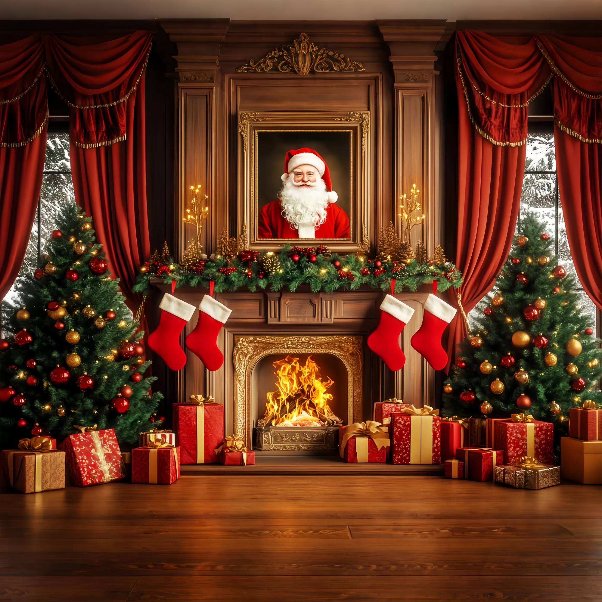 Weihnachtsmann Foto Hintergrund Santa Portrait Girlande Mantel Weihnachten Backdrops Verkauf LXX58-97