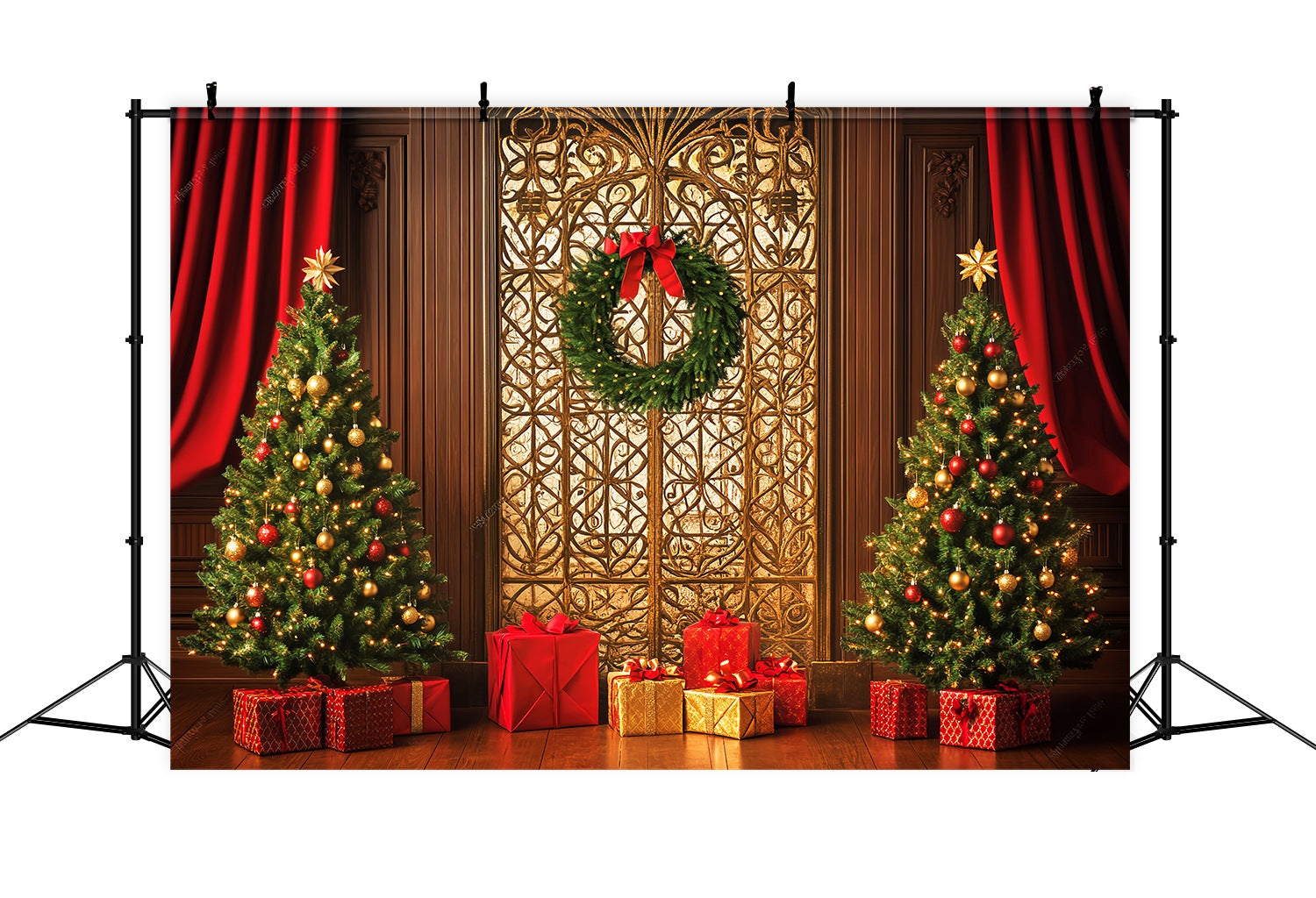 Hochauflösende Weihnachts Hintergrundkulisse Golden Gate Wreath Gift Tree Weihnachts Foto Hintergrund LXX58-99