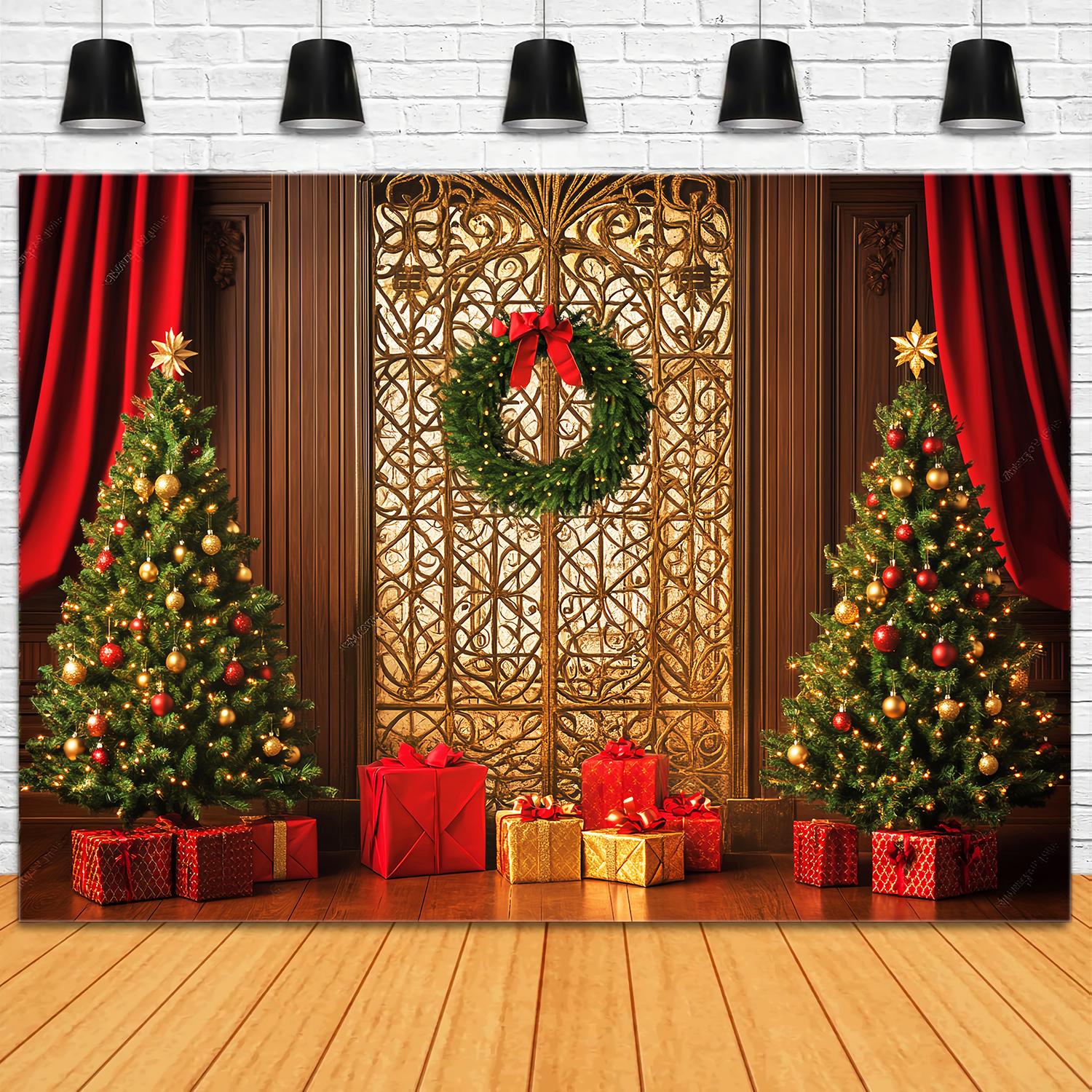 Hochauflösende Weihnachts Hintergrundkulisse Golden Gate Wreath Gift Tree Weihnachts Foto Hintergrund LXX58-99