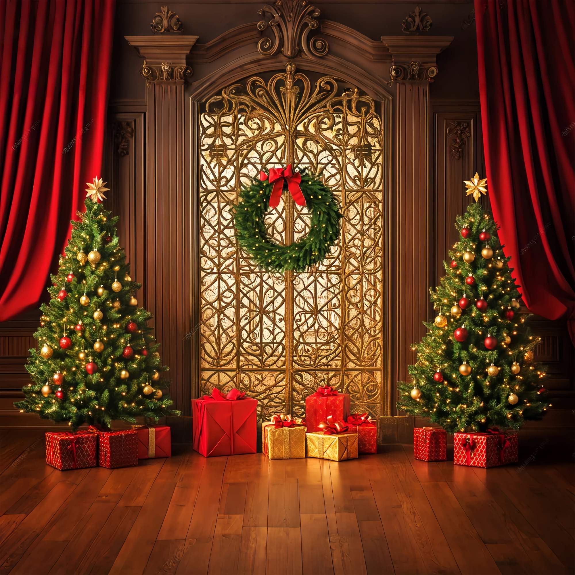 Hochauflösende Weihnachts Hintergrundkulisse Golden Gate Wreath Gift Tree Weihnachts Foto Hintergrund LXX58-99