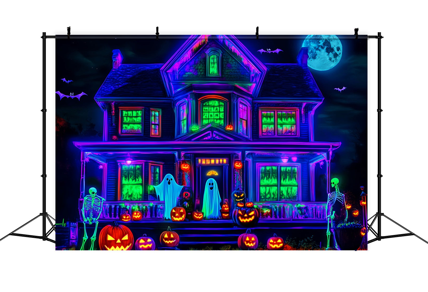 Halloween Geister Fotohintergrund Neon-Spukhaus Leuchtender gruseliger Halloween Fotohintergrund LXX59-108