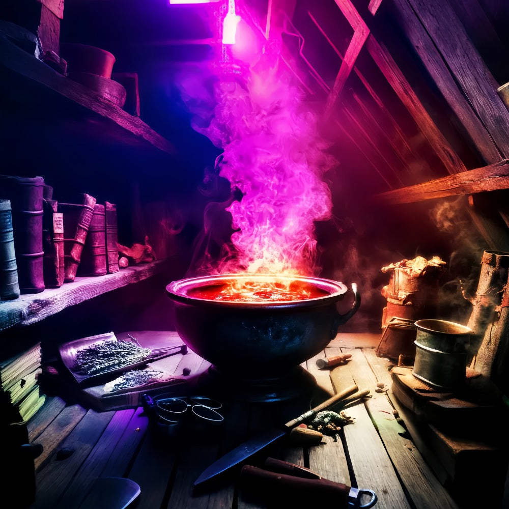 Halloween-Farben Fotohintergrund Hexentrank Kessel Mystischer Raum Halloween Fotohintergrundideen LXX59-143