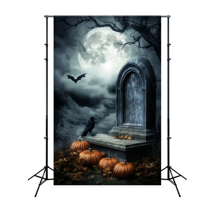 Friedhofs Fotohintergrund Mondbeschienene Gräber Kürbisse Krähen Halloween-Hintergründe LXX59-156