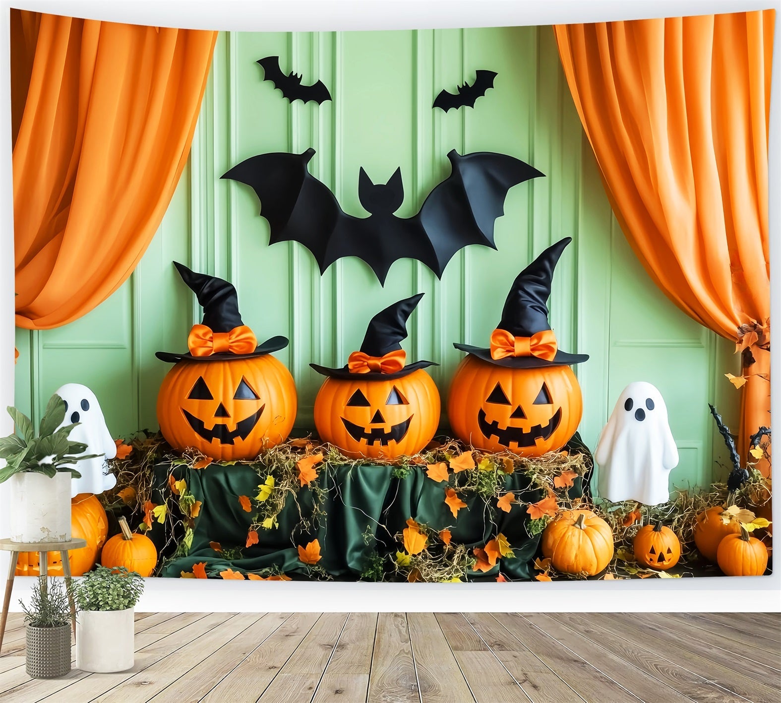 Halloween-Friedhofs Fotohintergrund Kürbis Geist Hexe Fledermäuse Halloween Fotohintergrundideen LXX59-158