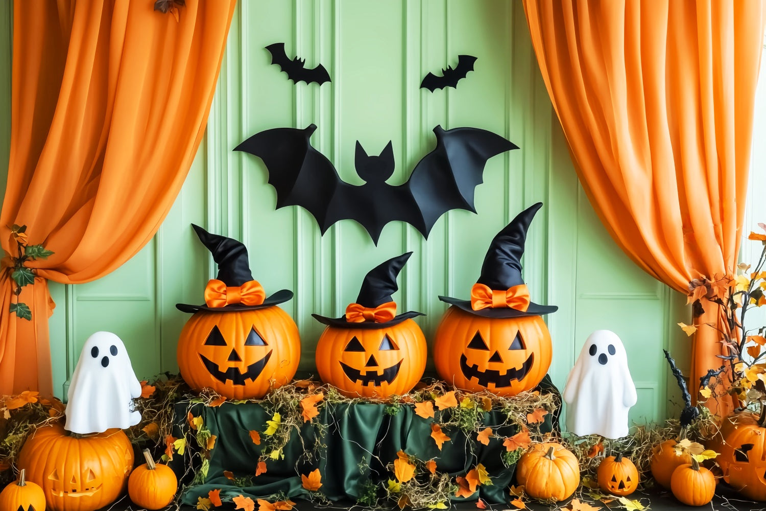 Halloween-Friedhofs Fotohintergrund Kürbis Geist Hexe Fledermäuse Halloween Fotohintergrundideen LXX59-158