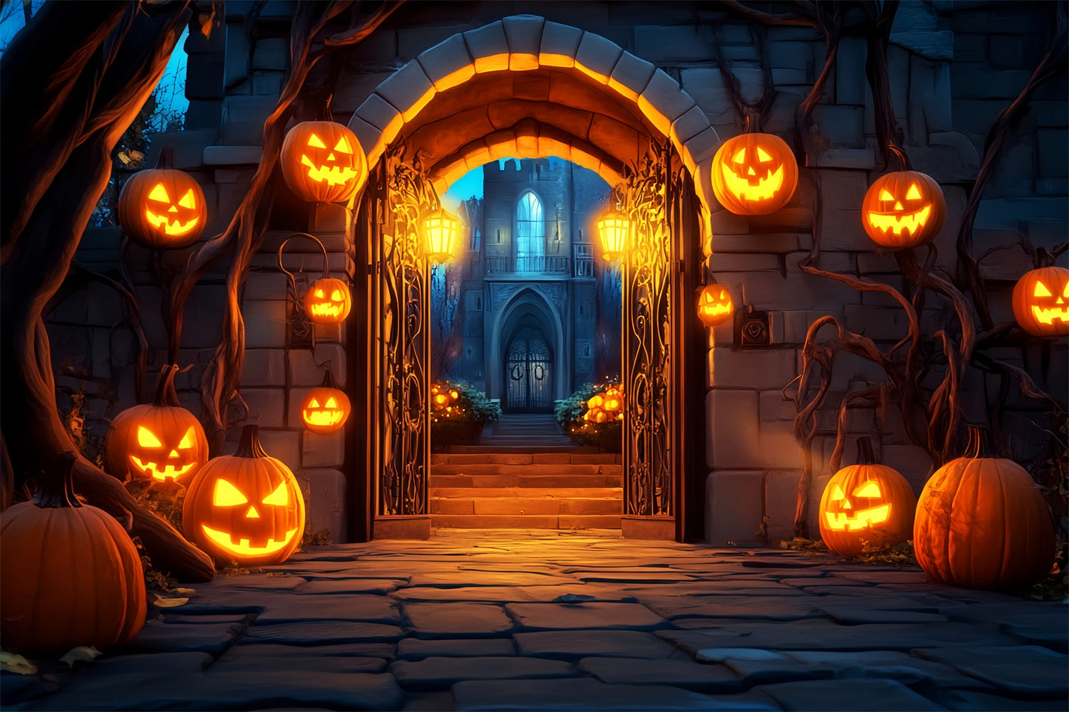 Friedhof Fotohintergrund Kürbis Laterne Tor Eingang Halloween-Fotohintergründe LXX59-159