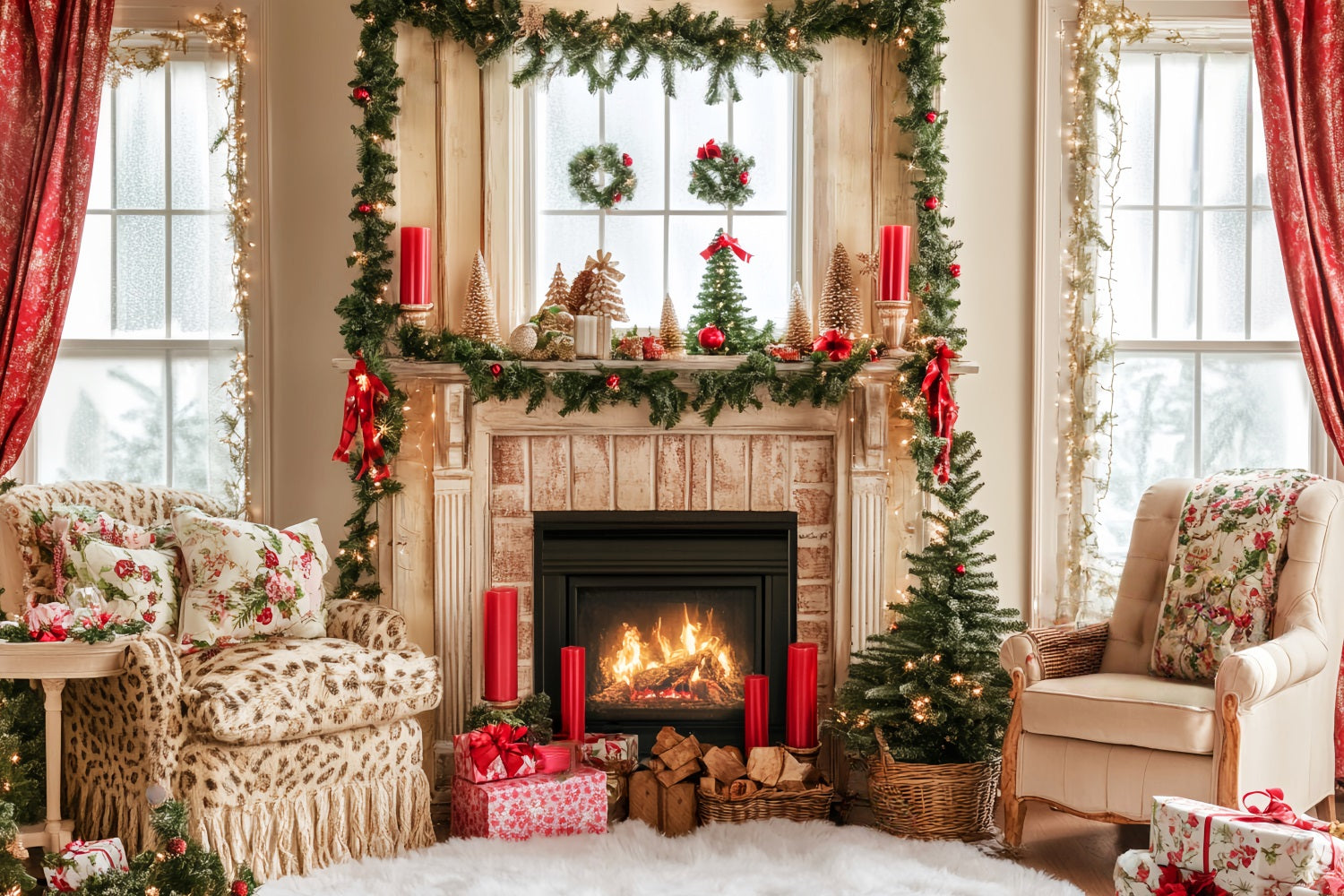 Candyland-Fotohintergrund Kamin Gemütliches Weihnachtszimmer Weihnachtshintergründe LXX59-163