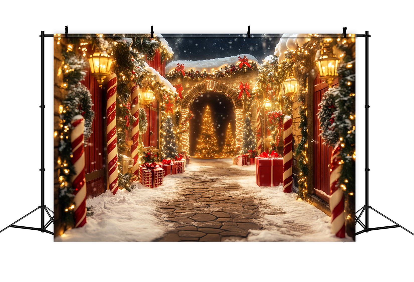 Candyland-Fotohintergrund Zuckerstangen-Dorf Wegbeleuchtung Weihnachtshintergründe Sale LXX59-167