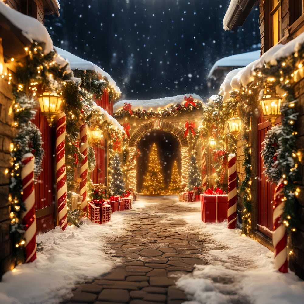 Candyland-Fotohintergrund Zuckerstangen-Dorf Wegbeleuchtung Weihnachtshintergründe Sale LXX59-167