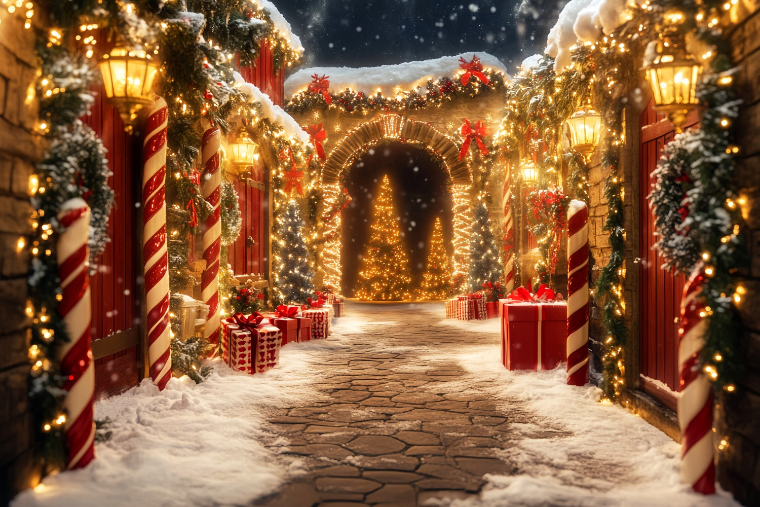 Candyland-Fotohintergrund Zuckerstangen-Dorf Wegbeleuchtung Weihnachtshintergründe Sale LXX59-167