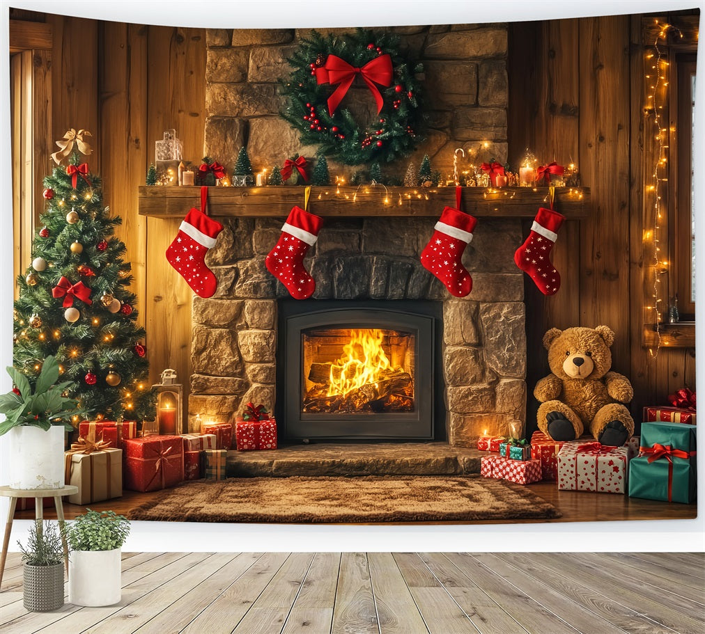 Weihnachts-Kamin-Fotohintergrund Strümpfe Girlande Weihnachtshintergrund für Fotos LXX59-173