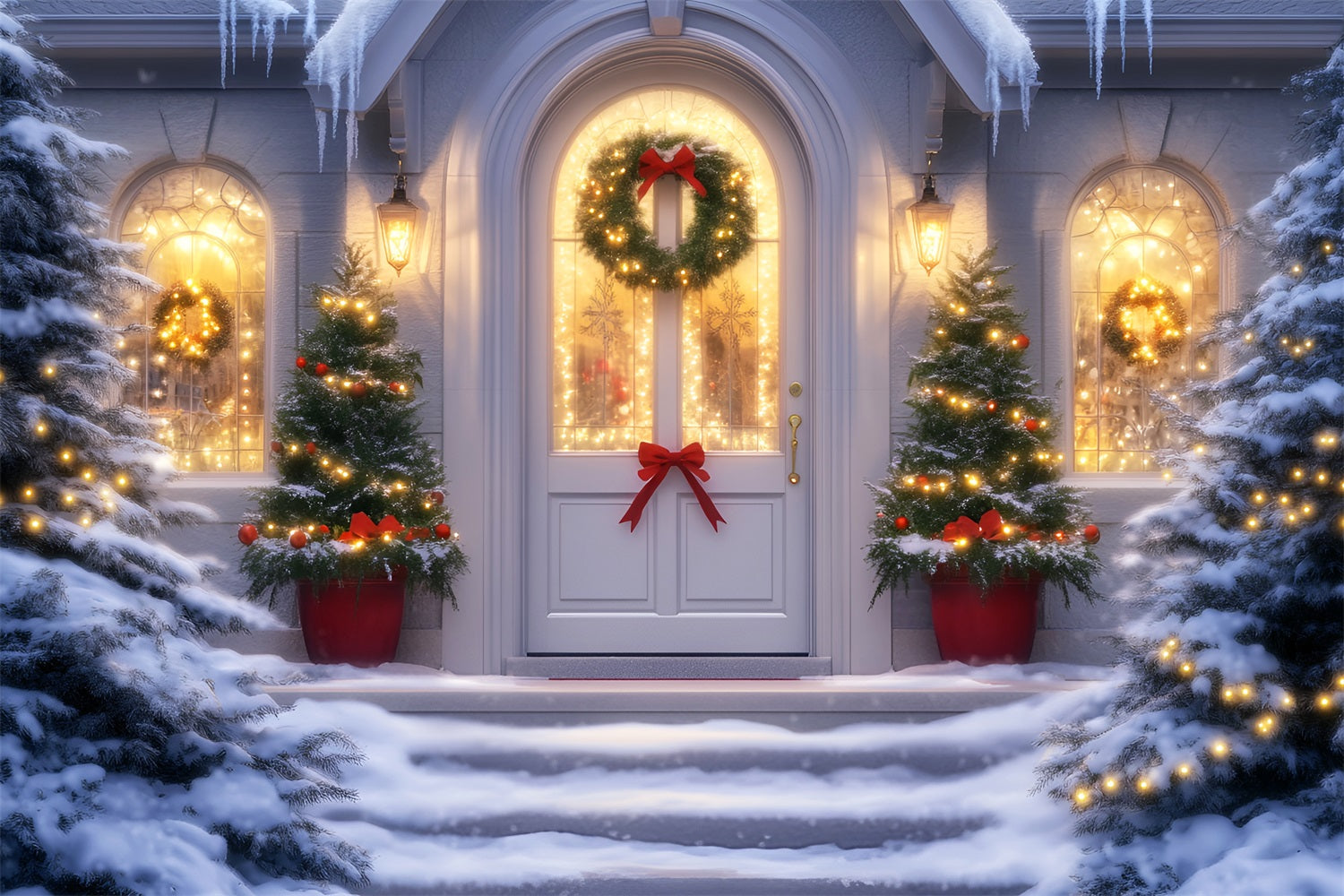 Weihnachts-Kirchenhintergrund Festlicher Türkranz Lichter Weihnachtshintergründe Verkauf LXX59-187
