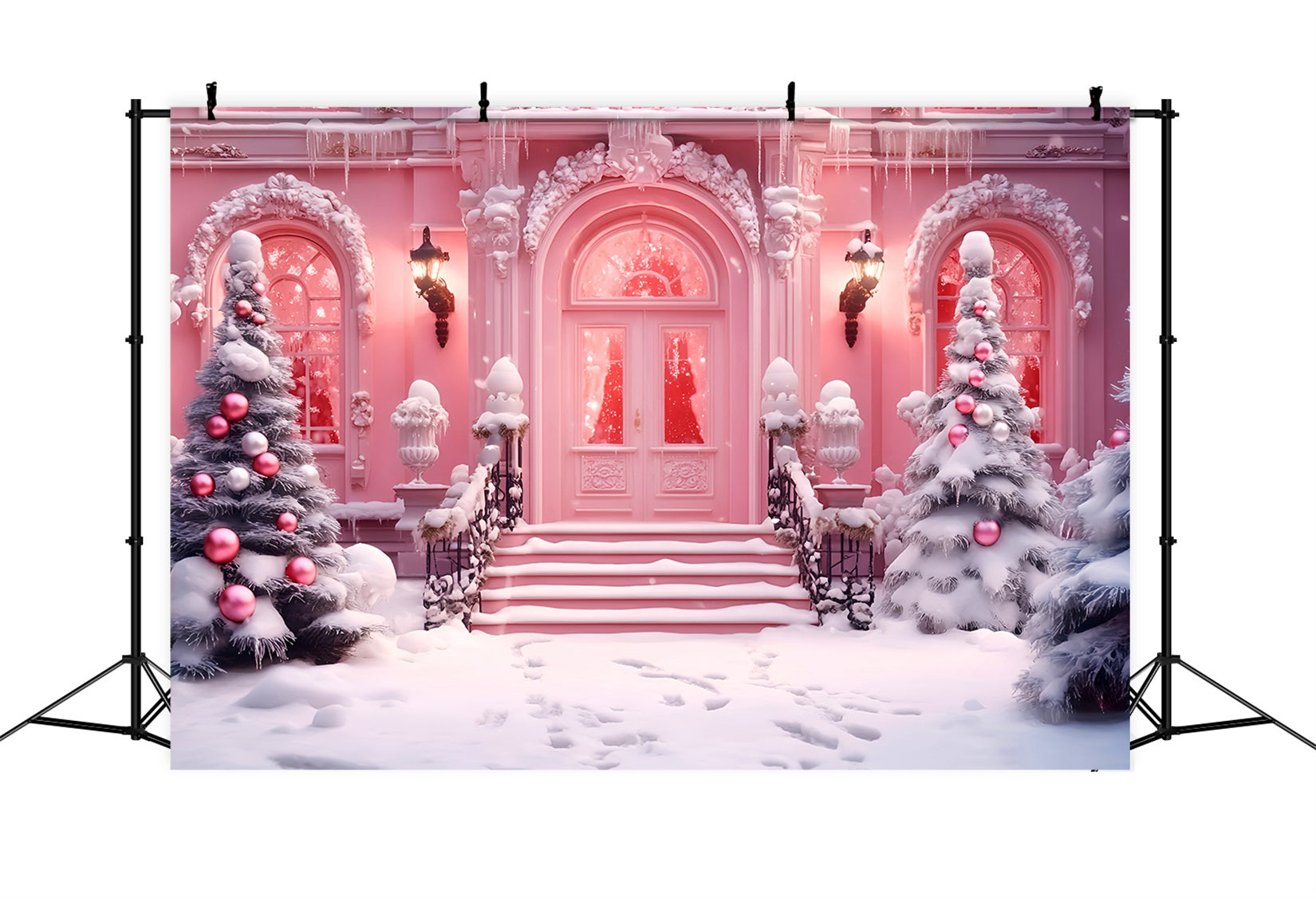Spielzeugladen-Fotohintergrund Weihnachtsladen Verschneiter Eingang Rosa Weihnachtshintergrund LXX59-190