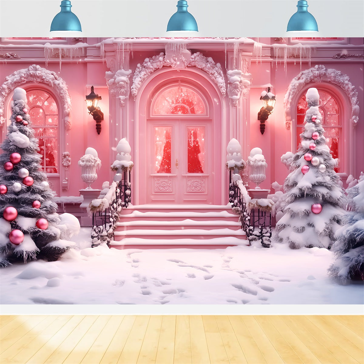 Spielzeugladen-Fotohintergrund Weihnachtsladen Verschneiter Eingang Rosa Weihnachtshintergrund LXX59-190