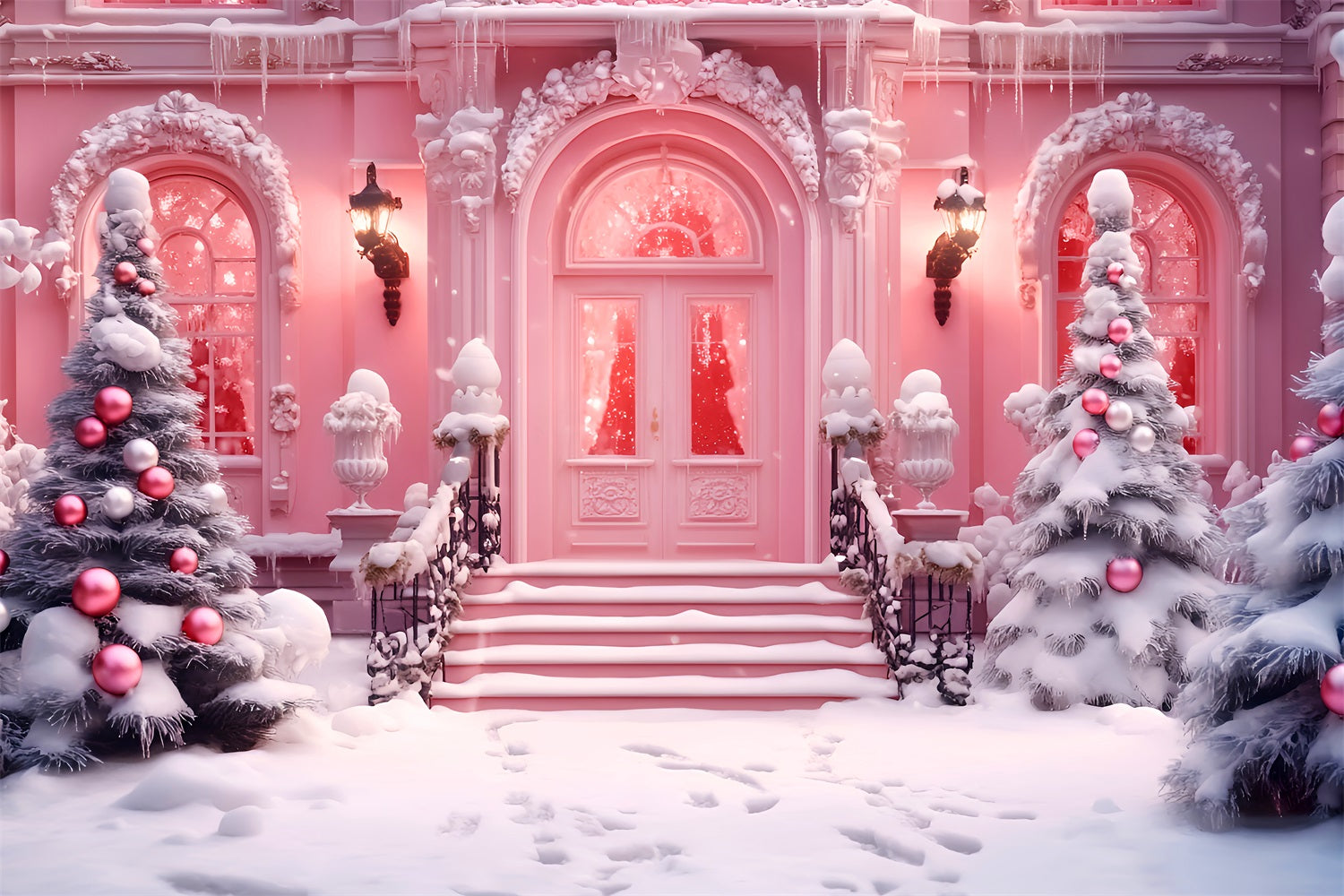 Spielzeugladen-Fotohintergrund Weihnachtsladen Verschneiter Eingang Rosa Weihnachtshintergrund LXX59-190