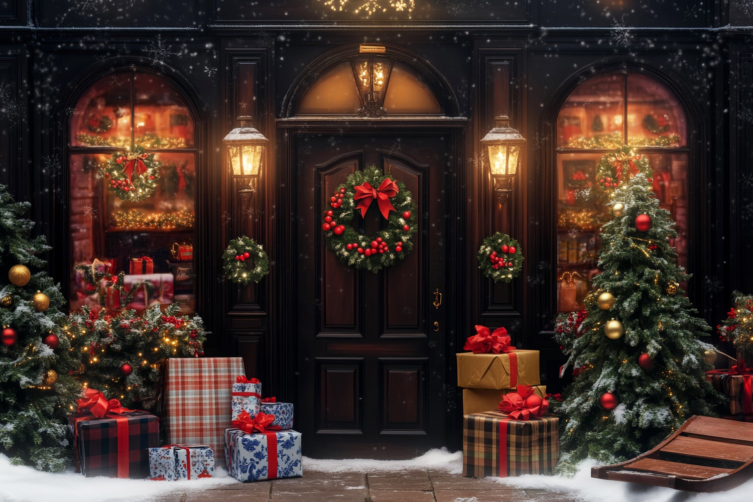 Weihnachtsdorf-Fotohintergrund Warme Lichter Verschneiter Eingang Weihnachtsfoto-Fotohintergrund LXX59-193