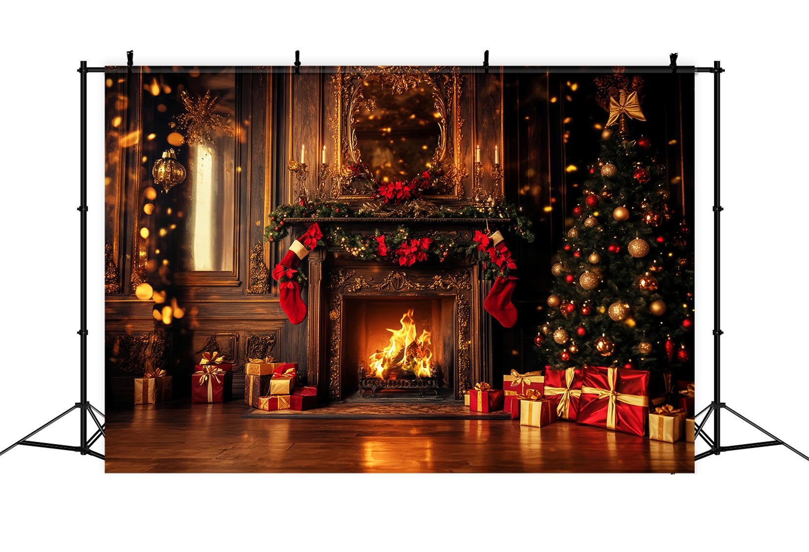 Roter Weihnachtshintergrund Goldene Kaminstrümpfe Leuchtender Weihnachtshintergrund LXX59-202