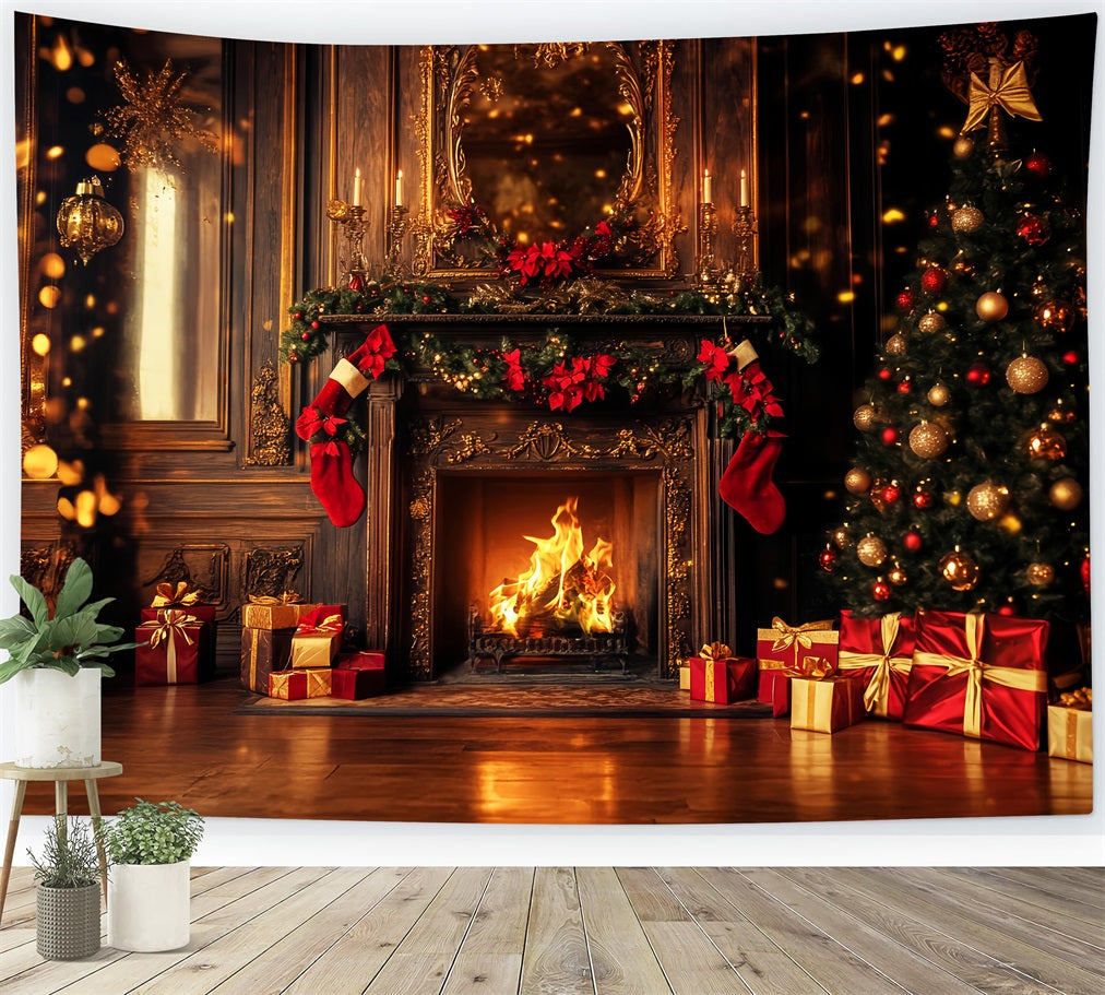 Roter Weihnachtshintergrund Goldene Kaminstrümpfe Leuchtender Weihnachtshintergrund LXX59-202