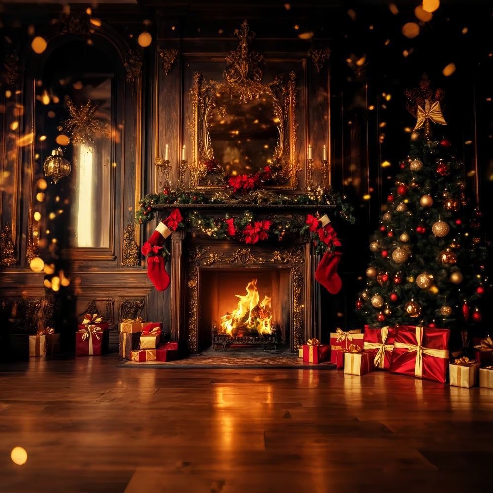 Roter Weihnachtshintergrund Goldene Kaminstrümpfe Leuchtender Weihnachtshintergrund LXX59-202